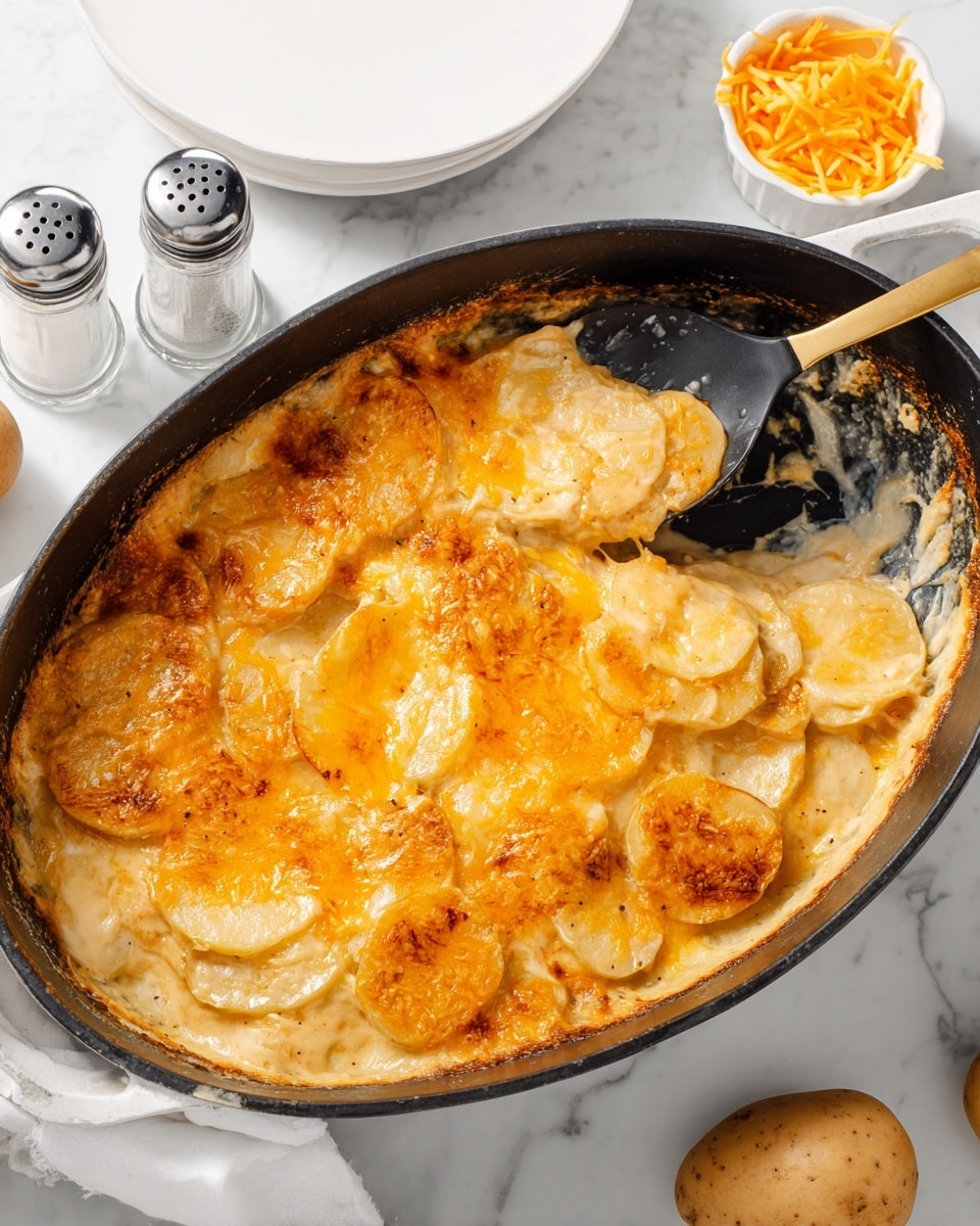 A dark oval pan filled with creamy scalloped potatoes sits on a white marbled surface, showing several thin layers of soft, pale yellow potato slices covered with melted golden-orange cheese on top. A black spoon is scooping out some of the potatoes, revealing smooth, tender potato slices under the cheesy crust. The sauce looks thick and creamy, with some browned spots on the cheese layer. Nearby, there is a white plate, two glass shakers with salt and pepper, a few whole potatoes, and a small bowl of shredded orange cheese, all placed on the white marbled surface. photo taken with an iphone --ar 4:5 --v 7
