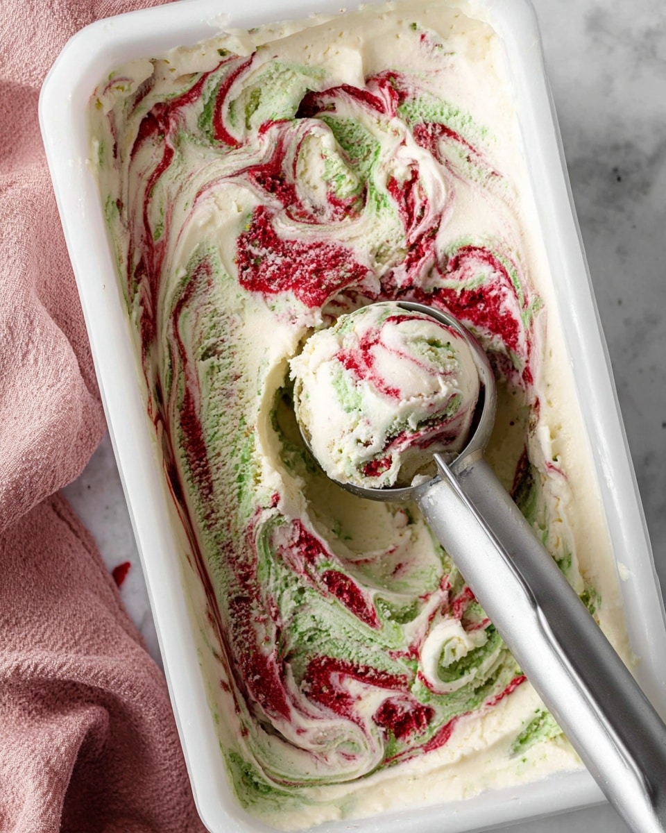 The image shows a close-up of a white rectangular container filled with creamy ice cream with swirls. The ice cream base is pale cream, mixed with bright red and green swirls throughout. The red swirls look thick and smooth, while the green swirls have a slightly grainy texture, creating a marbled effect across the surface. A metal ice cream scooper holds a round scoop, displaying all three colors mixed together. The container sits on a white marbled surface, with part of a pink cloth visible near the bottom left corner. Photo taken with an iphone --ar 4:5 --v 7