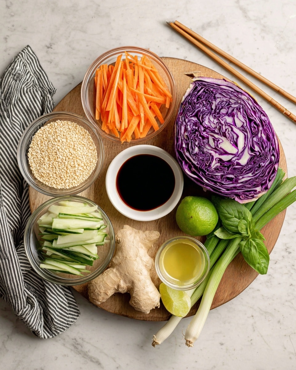 A round wooden board holds various fresh ingredients arranged neatly on a white marbled surface. Starting from the top left, a clear glass bowl is filled with thin, bright orange carrot sticks, next to it on the right is a quarter of purple cabbage with white veins. Below the cabbage is a small white bowl filled with dark soy sauce. To the left of that, a glass bowl contains light beige sesame seeds. In the center lower part of the board is a large piece of pale beige fresh ginger root. A halved green lime and two garlic cloves are beside the ginger. Near the bottom left, another glass bowl has thin light green cucumber sticks. Fresh green basil leaves appear beside the cucumber. Two green onions lie diagonally on the right side of the board. There is a small white bowl of light yellow oil near the top center. Wooden chopsticks rest on the upper right corner on the white marbled surface, and a black and white striped cloth is partially under the board. Photo taken with an iphone --ar 4:5 --v 7