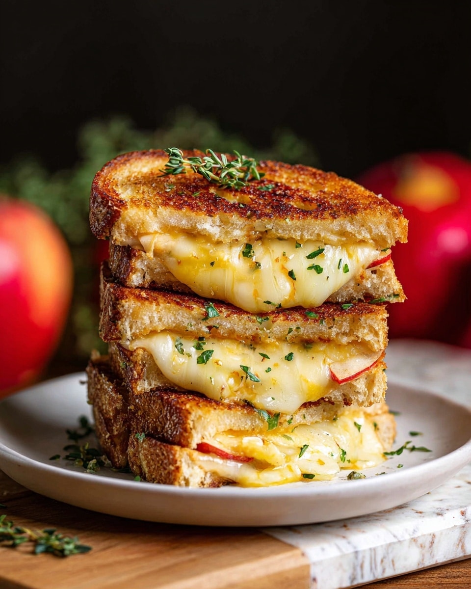 The image shows two open-faced sandwiches on toasted brown bread placed on a wooden cutting board with vertical light and dark brown stripes. The first sandwich has four thick slices of pale yellow cheese layered on top of shredded cheese over the bread, demonstrating two layers: bread and cheese. The second sandwich starts with a layer of cream cheese spread on the bread, then topped with thin, even slices of red-edged apple fanned out to cover the bread fully, and garnished with small green herb leaves scattered on top, showing three layers: bread, cream cheese, apple slices, and herbs. The surface below the cutting board is changed to a white marbled texture in the description. photo taken with an iphone --ar 4:5 --v 7