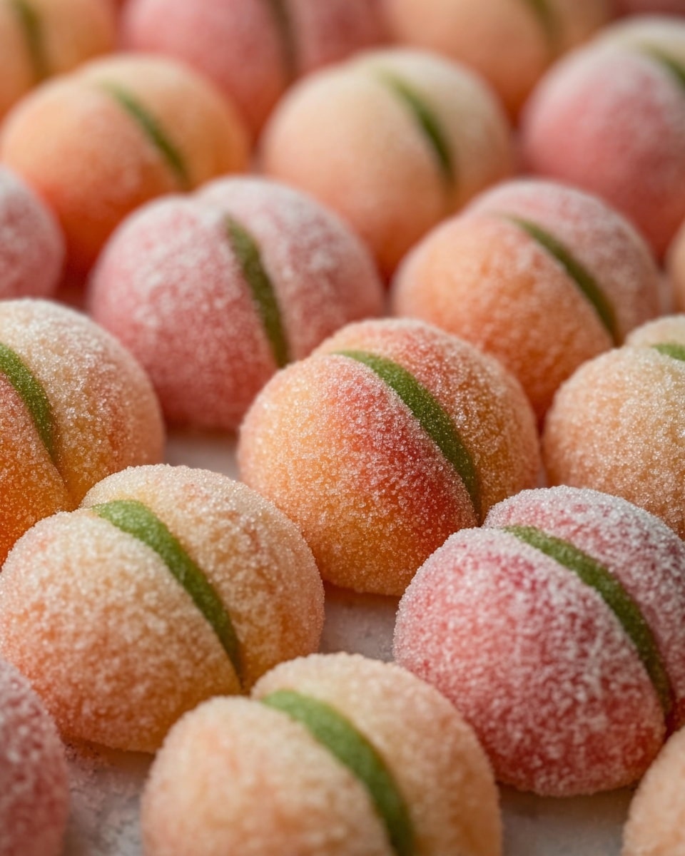The image shows many small round peach-shaped desserts arranged tightly in rows on a white marbled surface. Each dessert has two rounded halves joined together by a thin green line in the middle, mimicking a peach's natural crease. The top halves are colored soft pink with a sugar-dusted texture, while the bottom halves are light orange with a similar sugary coating. The layers look smooth but slightly grainy due to the sugar. The background is blurred green, which adds contrast to the warm colors of the peach sweets. photo taken with an iphone --ar 4:5 --v 7