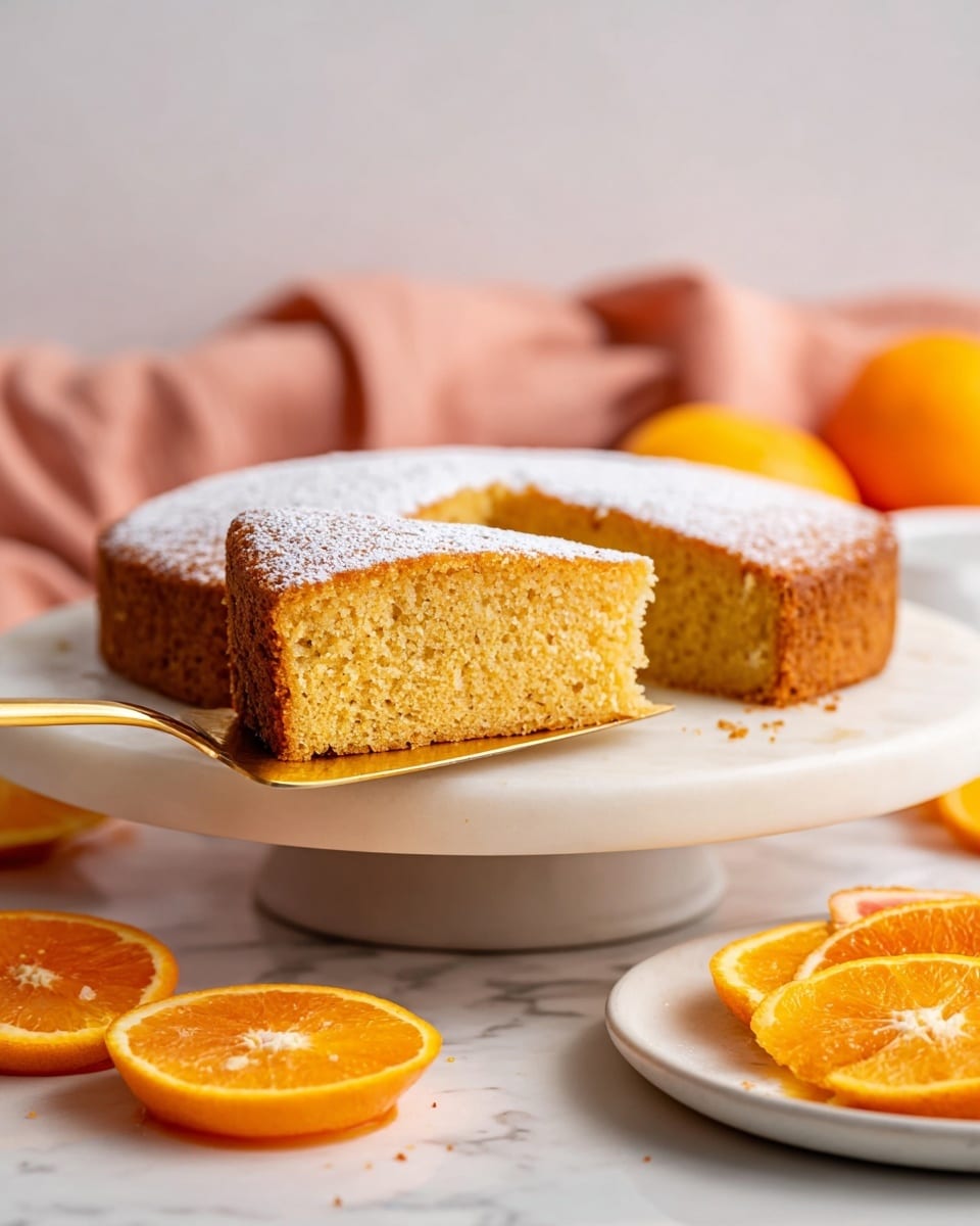 A single layer orange cake with a light golden brown texture is shown, topped with a thin dusting of powdered sugar that gives a soft white contrast. The cake slice is placed on a small white plate, held by a woman's hand using a gold-colored spatula. The background includes a white marbled surface with sliced bright orange citrus fruits around, adding pops of vibrant orange color. The full cake sits on a white marble standing plate in the background, maintaining a clean and fresh setting. photo taken with an iphone --ar 4:5 --v 7