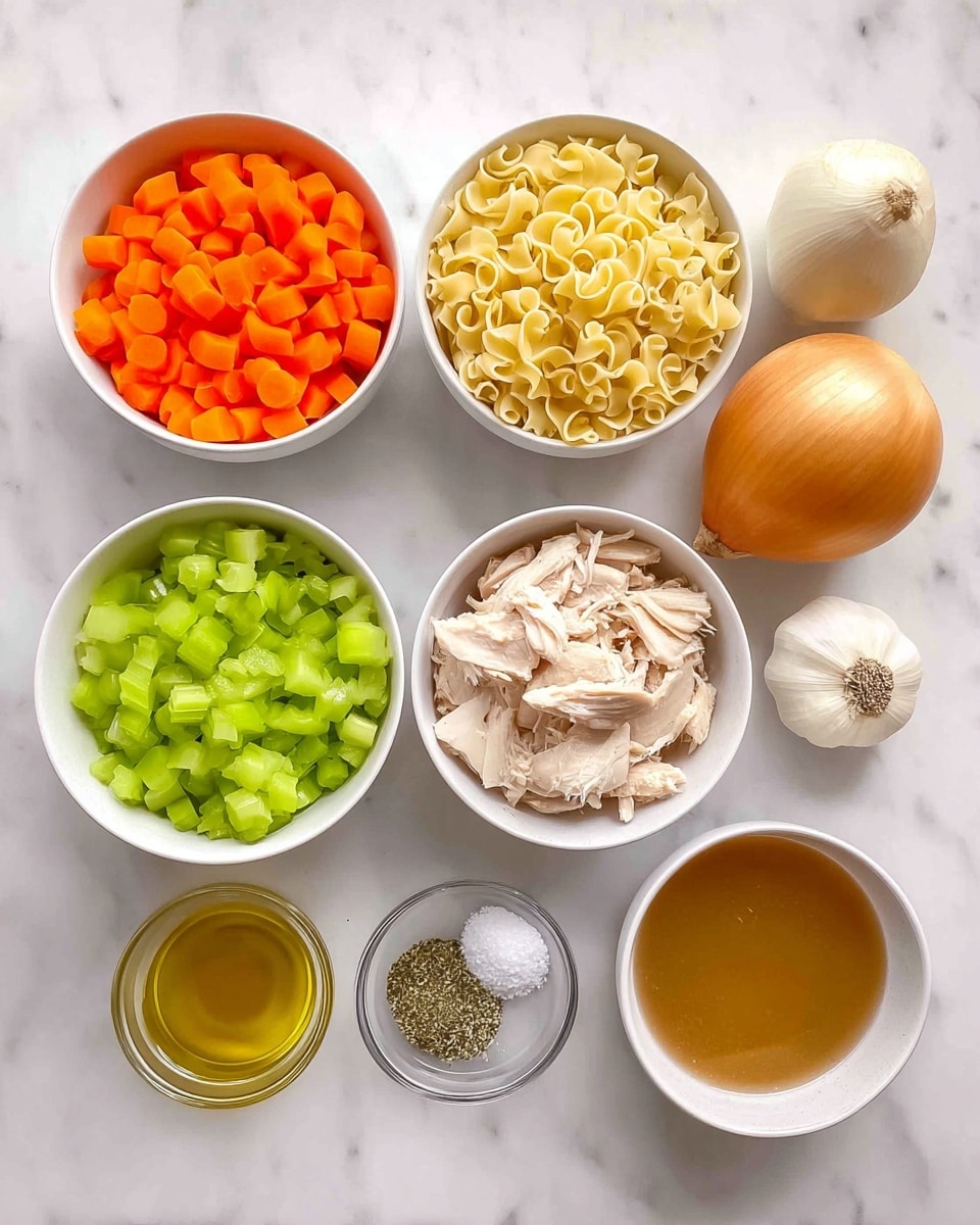 The image shows eight ingredients placed neatly on a white marbled surface. On the left, a white bowl is filled with bright orange chopped carrots, next to it is a white bowl of pale yellow egg noodles. Below the noodles, a white bowl holds fresh green diced celery, while beside it, a white bowl contains cooked light beige chicken. To the right of the chicken, a white bowl is filled with a clear brown broth. At the top right, a whole yellow onion sits next to two unpeeled garlic cloves. Around the onion are three small clear bowls, one with green dried herbs, one with coarse black pepper, and one with white salt. At the center near the top right, a small clear bowl holds golden olive oil. photo taken with an iphone --ar 4:5 --v 7
