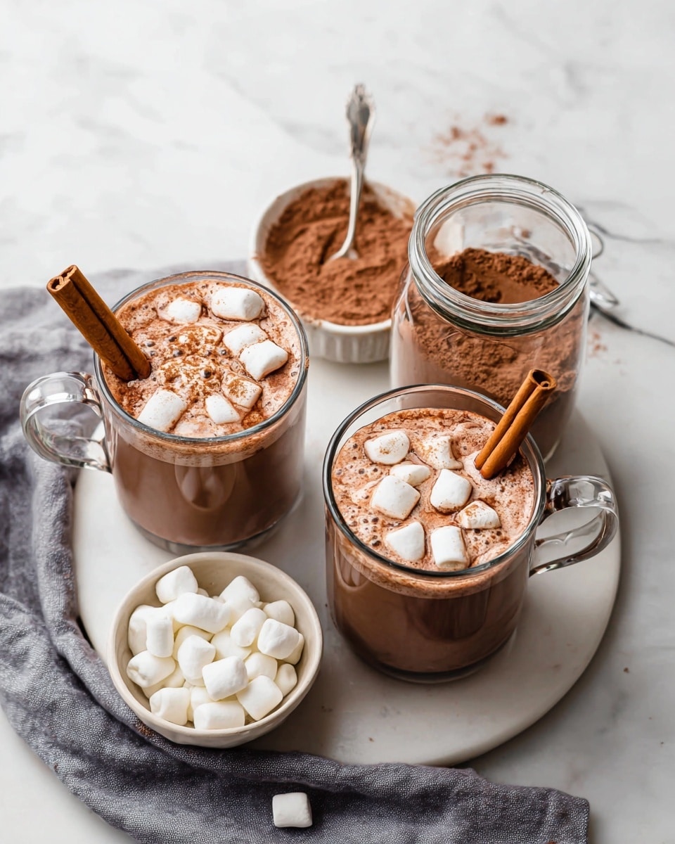 Two clear glass mugs filled with frothy hot chocolate topped with white marshmallows floating on the surface, each mug has a brown cinnamon stick standing upright inside. The mugs are placed on a round white plate with a jar of brown cocoa powder and a small white bowl of extra marshmallows nearby. There is a gray cloth under the bowl and part of the mugs. The whole scene is set on a white marbled surface. photo taken with an iphone --ar 4:5 --v 7
