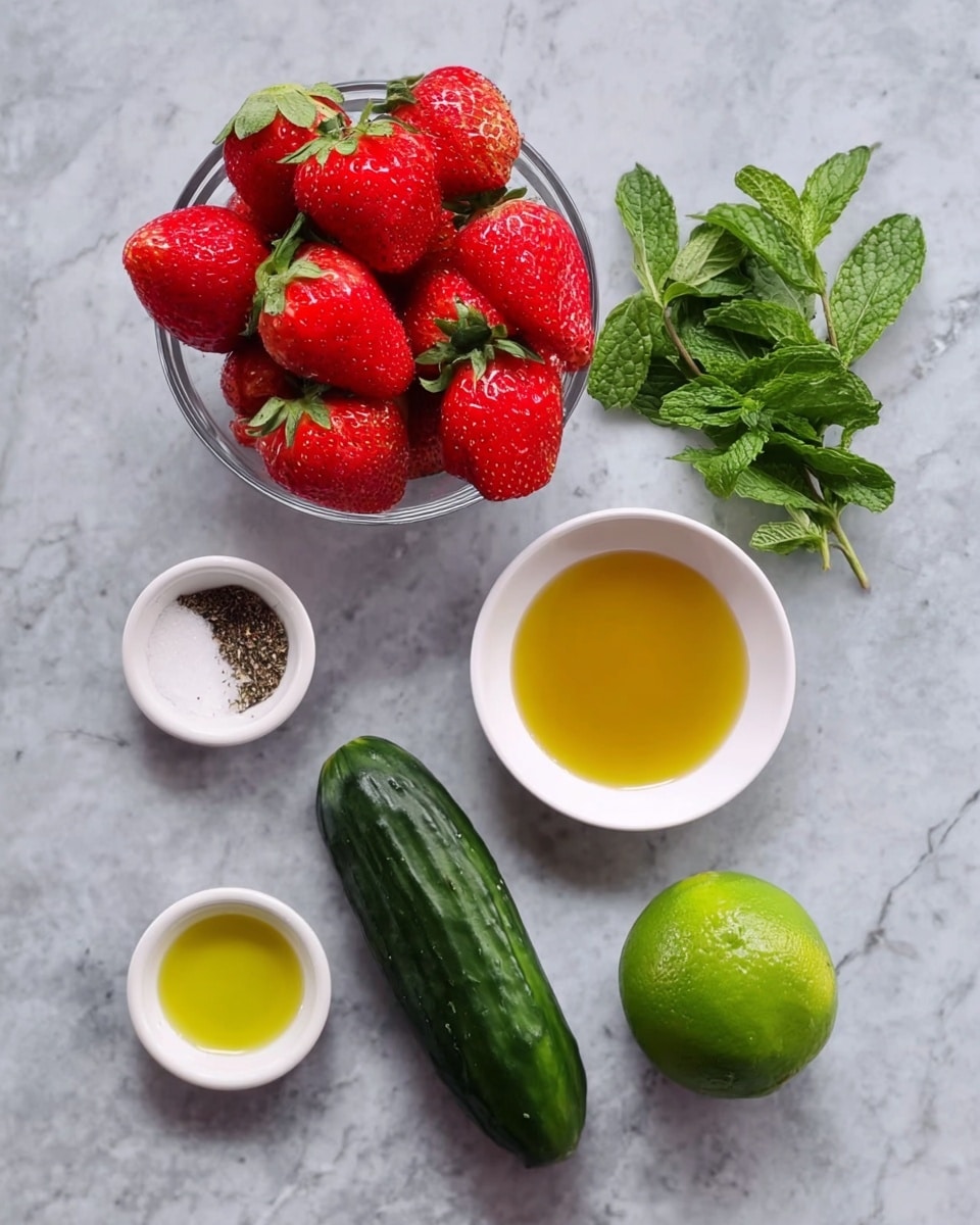 The image shows a top view of fresh ingredients arranged neatly on a white marbled surface. In the top center, there is a clear glass bowl filled with bright red strawberries with green leaves. Below the strawberries, there is a small white dish filled with a golden yellow liquid, likely honey or dressing. To the left of this dish, there is a small white bowl containing salt and black pepper. Further left, there is a whole cucumber with a dark green, slightly shiny skin. Beneath the bowl of golden liquid, there is a fresh lime with a smooth, bright green skin. To the right of the lime, there is a small bunch of fresh mint leaves with dark green hues. At the bottom left of the image, there is another small white bowl holding another yellow liquid, likely oil. The whole scene looks fresh and colorful, set on a clean white marbled surface. Photo taken with an iphone --ar 4:5 --v 7