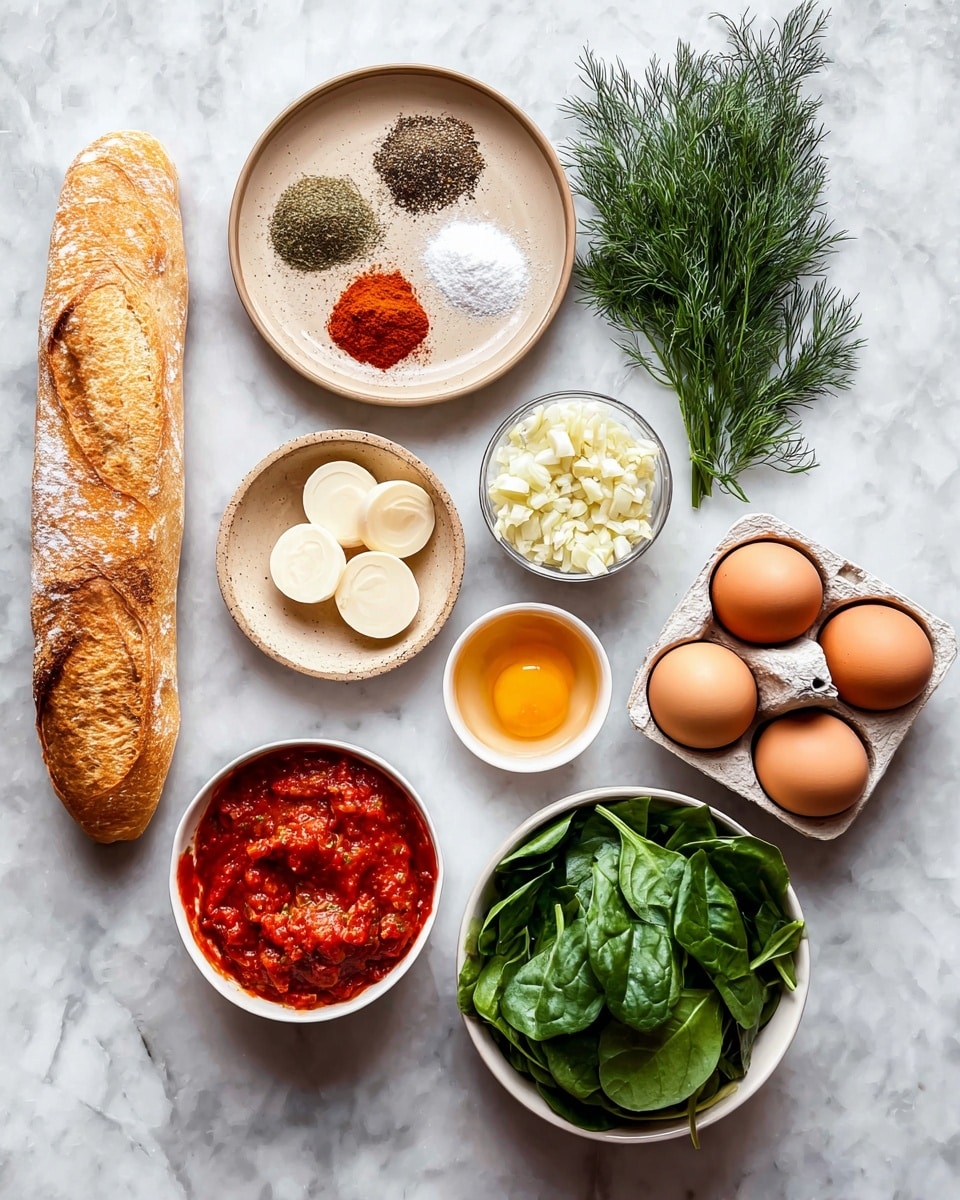 The image shows several cooking ingredients arranged neatly on a white marbled surface. There is a small tan plate with four piles of spices in colors of white, red, orange, and black near the top left. Below it lies a small bowl with five pale, round slices layered neatly. To the right are two small bowls; one filled with white chopped onions in the center and the other with a small amount of minced garlic above it. An egg holder with four brown eggs is placed beside them on the right side. Near the top right, a bunch of fresh green dill rests beside a long golden brown baguette. At the bottom left, there is a small white bowl containing chunky red tomato sauce, and next to it on the right sits a white bowl filled with fresh green spinach leaves. photo taken with an iphone --ar 4:5 --v 7