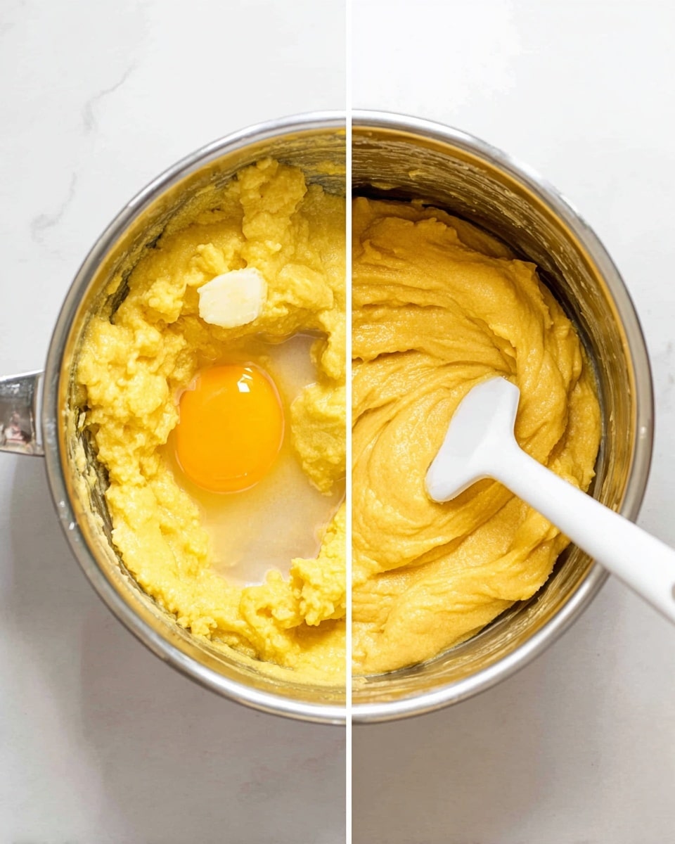 The image shows two side-by-side views of a silver pot. On the left side, the pot contains a lumpy yellow dough mixture with a raw egg yolk visible on one side and a white spatula resting inside. On the right side, the pot holds a smoother, more uniform yellow dough being stirred by the white spatula. The pot sits on a white marbled surface. photo taken with an iphone --ar 4:5 --v 7