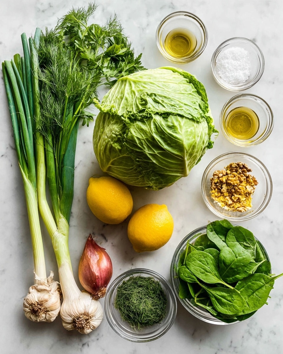 The image shows fresh ingredients laid out on a white marbled surface. In the center top is a large green cabbage, with two bright yellow lemons positioned below it. To the left of the cabbage, there are several green onions with white bases and long green stalks, next to a reddish shallot and two garlic cloves. On the bottom right are small glass bowls filled with walnuts, olive oil, fresh green parsley and dill, dried green herbs, yellow flakes, and fresh spinach leaves. At the top right, there are two small glass bowls with a clear liquid and salt. The overall scene has a fresh and natural look with a mix of green, yellow, and neutral tones. photo taken with an iphone --ar 4:5 --v 7