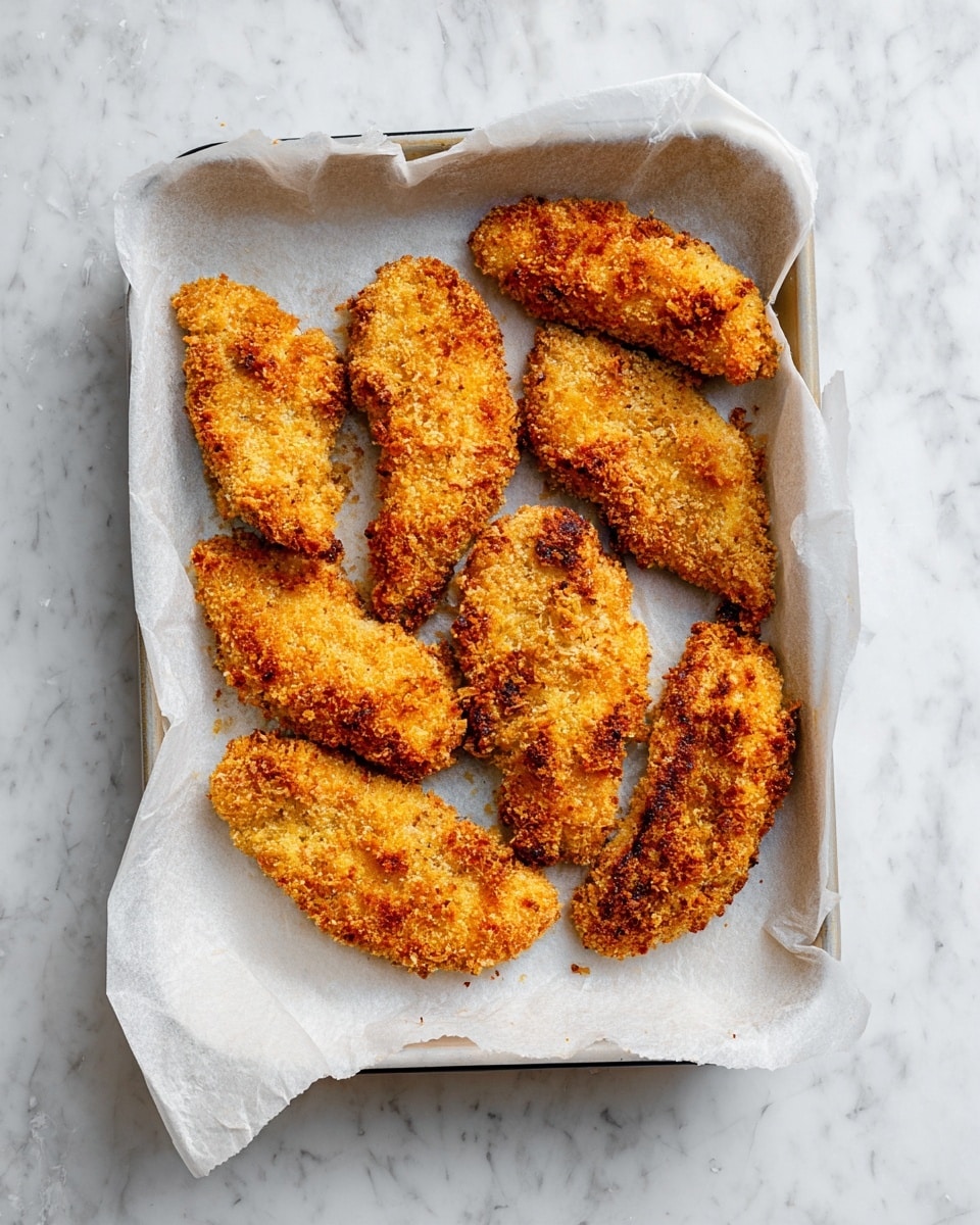 The image shows a white baking tray lined with white parchment paper, holding eight pieces of golden brown, breaded chicken tenders. The tenders are unevenly shaped, with a crispy and crunchy texture visible on the coating. They are spread out across the tray, arranged in a casual, slightly overlapping manner. The tray is placed on a white marbled surface. Photo taken with an iphone --ar 4:5 --v 7