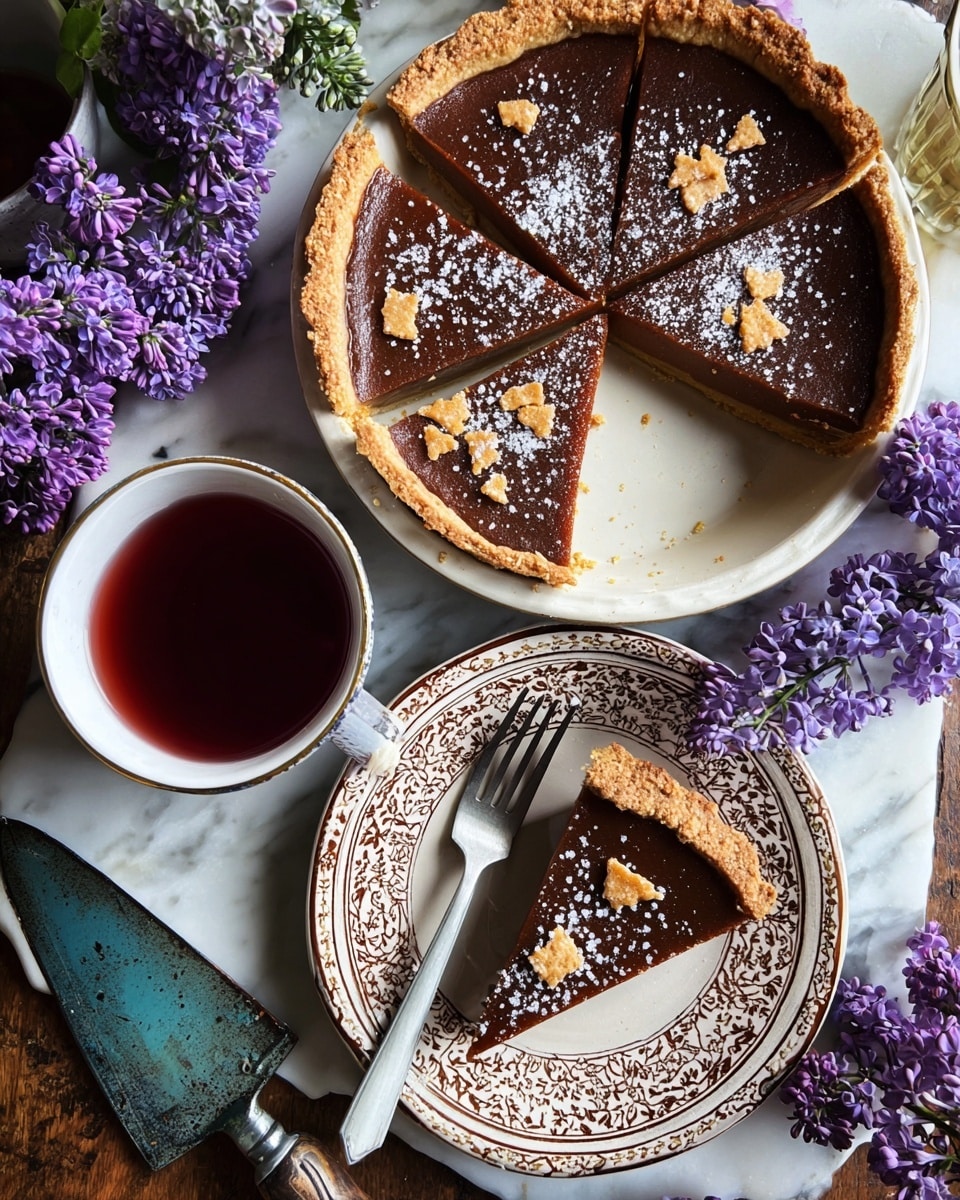 A deep pie with four slices, one slice missing, showing two layers: a thick light crust at the bottom and a dark brown smooth filling on top, decorated with small pieces of honeycomb and a light sprinkle of coarse salt flakes, all in a round white pie dish. One slice is placed on a white plate with brown detailed patterns, resting on a white marbled surface with bright purple flowers scattered around. A white-handled fork lies next to the slice on the plate. Nearby, there is a white cup filled with dark red liquid, surrounded by more purple flowers. A metal pie server with a blue-green patina rests on the surface near the pie. Photo taken with an iphone --ar 4:5 --v 7