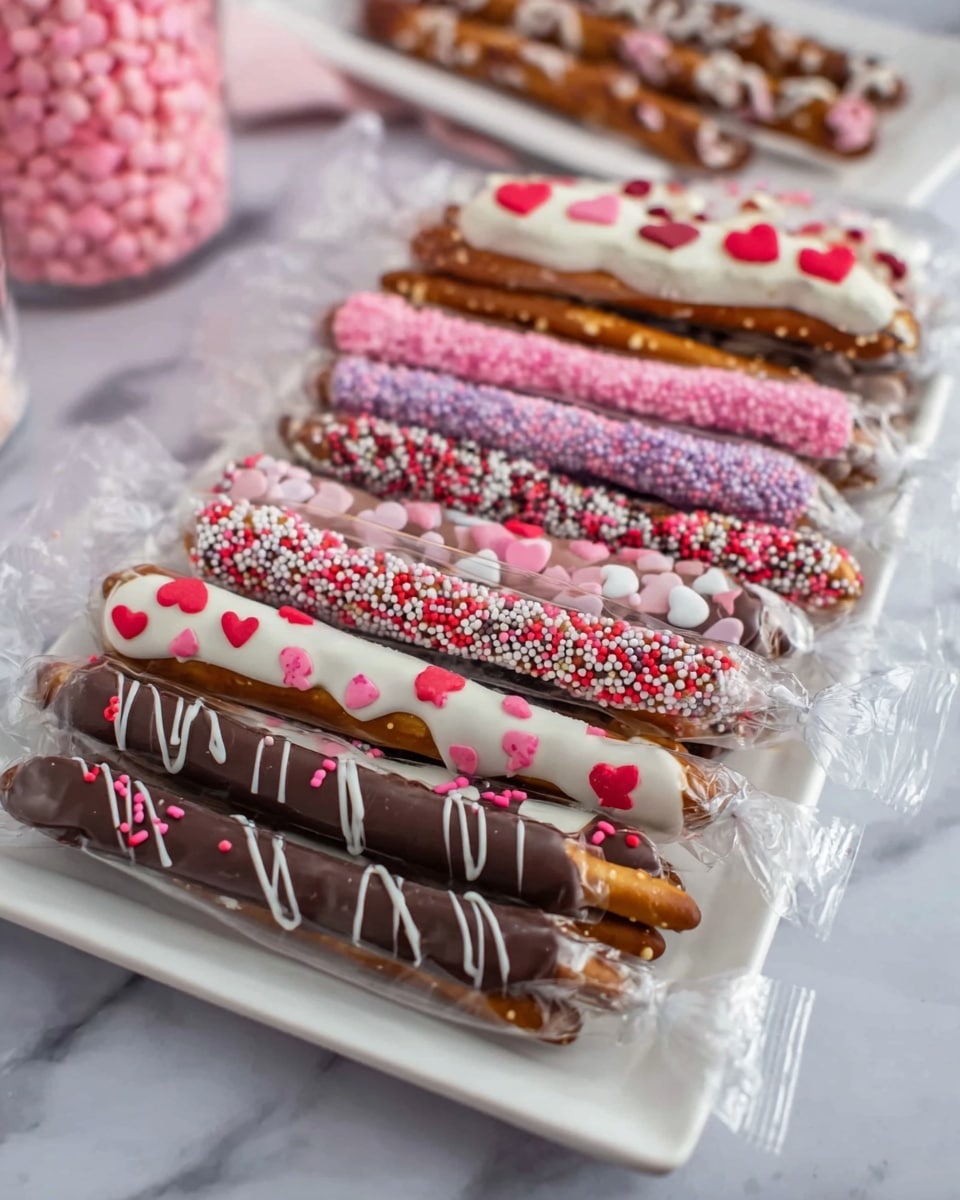 The image shows a white rectangular plate on a white marbled surface, filled with chocolate-covered pretzel sticks and pretzels decorated with colorful sprinkles. There are different layers of pretzel sticks: some are dipped in white chocolate and covered with pink, red, purple, and white round and flower-shaped sprinkles; others are dipped in dark chocolate with white drizzle lines or pink and red sprinkles. Three pretzel sticks in the front are wrapped individually in clear plastic sleeves, showing the details of the sprinkles and chocolate. Behind the sticks, there are pretzels covered with chocolate and decorated with small heart-shaped and round sprinkles in white, pink, and red. The background is softly blurred, highlighting the pretzels. photo taken with an iphone --ar 4:5 --v 7