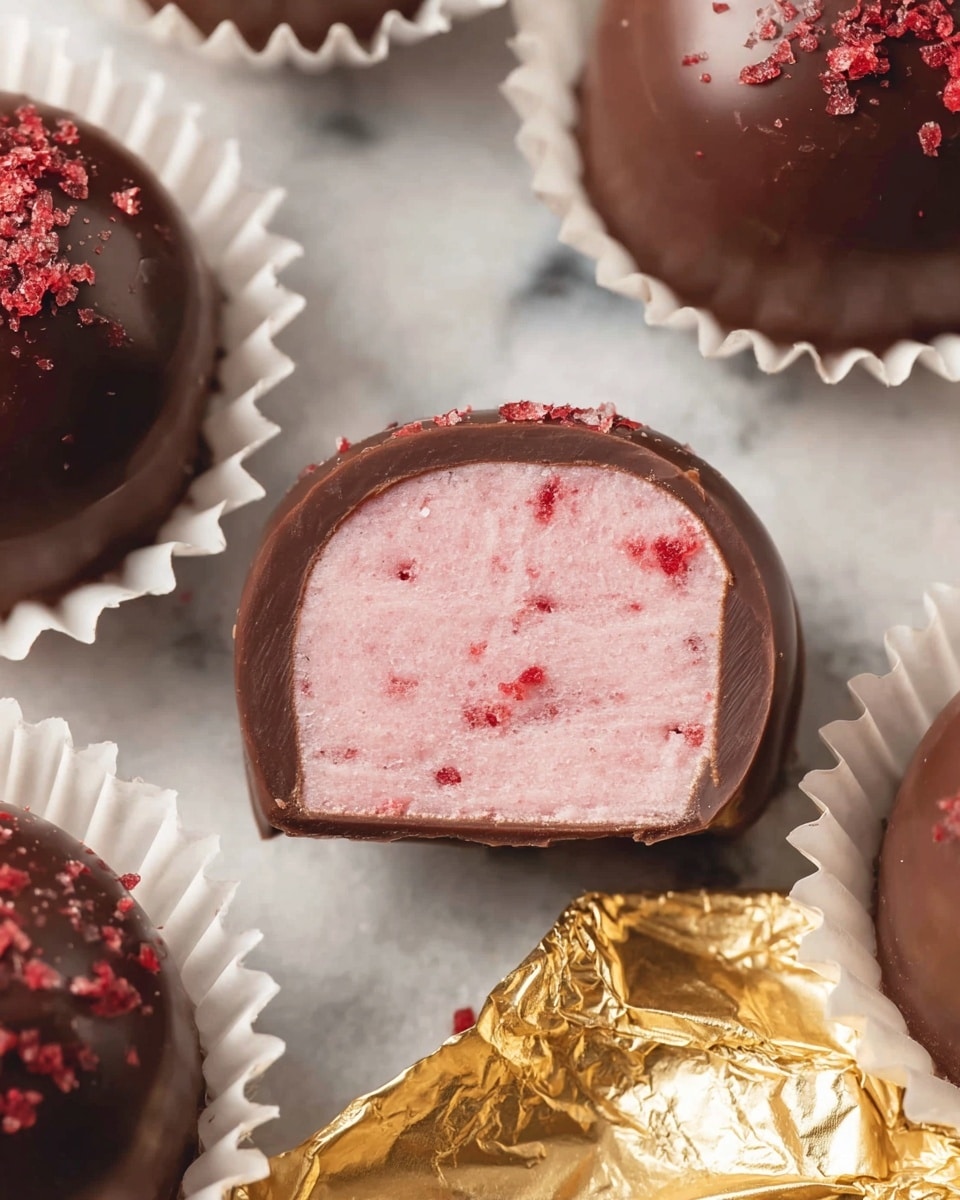 A close-up of several round chocolates with a smooth, dark brown outer layer, each sitting in white paper cups; one chocolate is cut in half to show three inner layers of light pink filling with tiny red specks, near the top edge of the cut piece the dark chocolate coating is slightly thicker, and some red crumbs are sprinkled on top. On the white marbled surface, a crinkled gold foil wrapper is placed next to the chocolates. The photo taken with an iphone --ar 4:5 --v 7