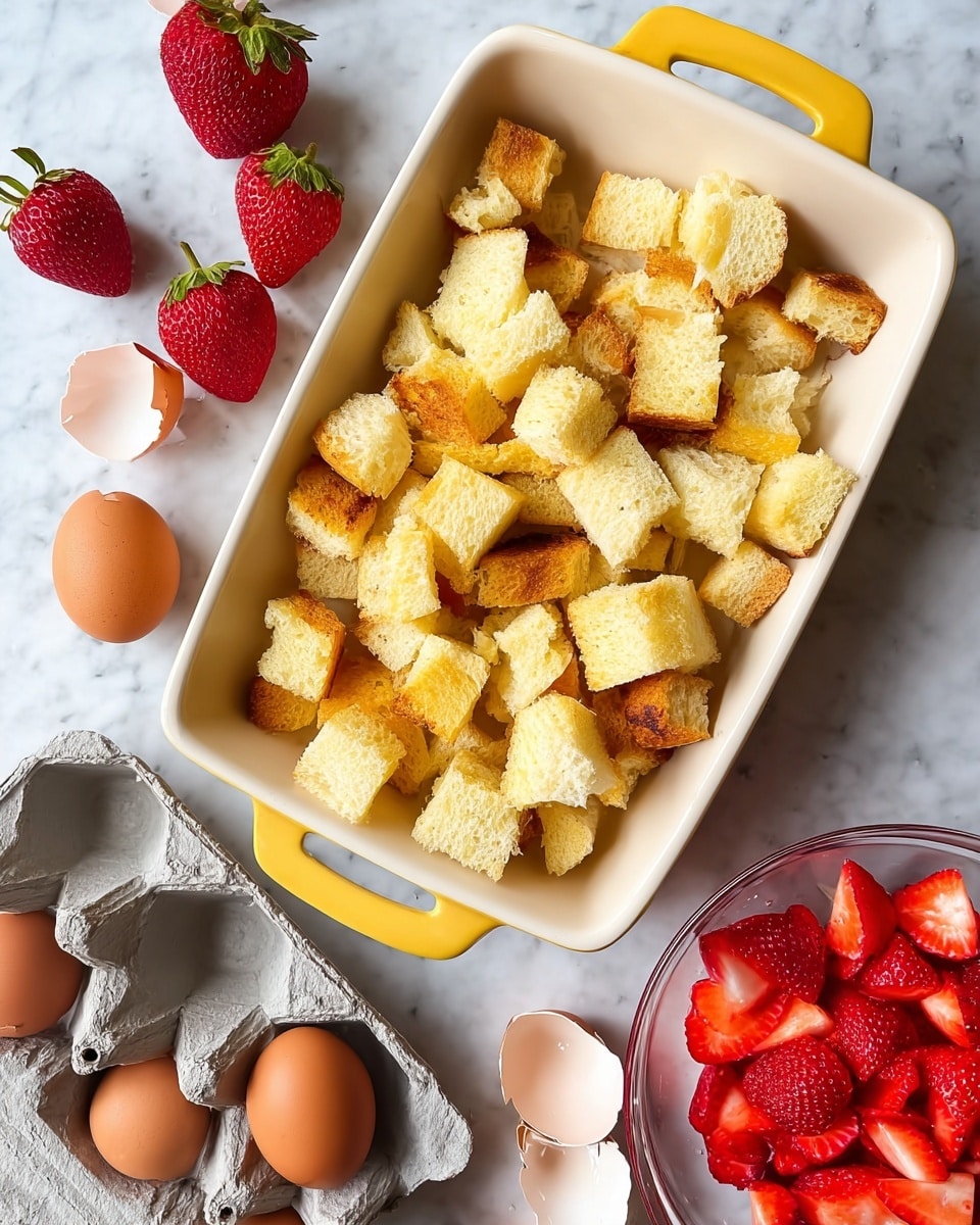 A white baking dish with a yellow handle holds many small cubes of light yellow bread with a soft texture and some pieces showing golden brown crust on top, all stacked unevenly inside the dish. To the left of the dish, several whole red strawberries with green tops are scattered on a white marbled surface. Below the dish, there is a gray egg carton with four brown eggs, and two broken egg shells lie nearby. To the right, a clear glass bowl is filled with bright red sliced strawberries, showing their juicy inside. photo taken with an iphone --ar 4:5 --v 7