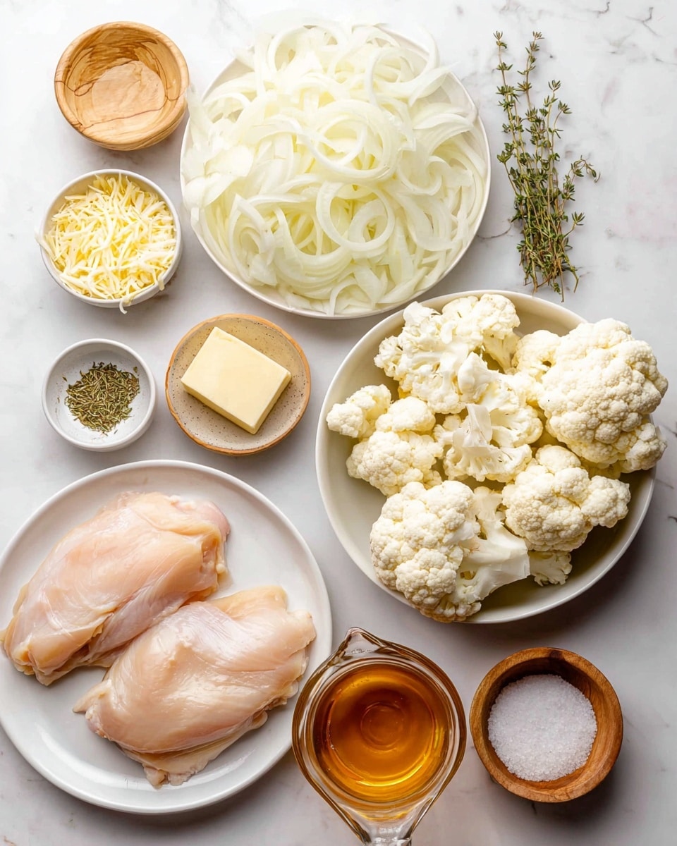 The image shows several ingredients arranged neatly on a white marbled surface. There is a large white bowl filled with thinly sliced white onions, a round white bowl with raw cauliflower florets, and a white plate holding two large raw chicken pieces. Surrounding these are smaller wooden and glass bowls containing light yellow shredded cheese, a light brown square of cream cheese, a light brown creamy sauce, golden olive oil, pale minced garlic, fresh green thyme sprigs on a small white plate, a clear glass measuring cup with amber-colored liquid, and a small wooden bowl of white salt. The colors range from light cream and white to pale yellow, amber, and green, giving a fresh and natural look. photo taken with an iphone --ar 4:5 --v 7