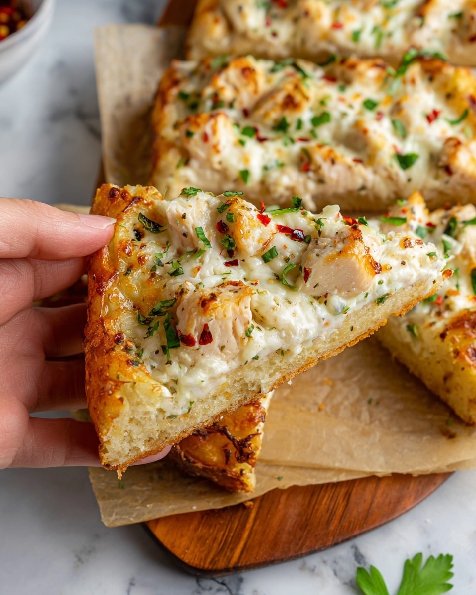 The image shows a slice of thick pizza being held by a woman's hand, with other slices on a wooden board lined with parchment paper. The pizza has three visible layers: a golden-brown crust on the bottom with a slightly crisp texture, a middle layer of creamy white sauce mixed with small green herbs, and a top layer covered in melted white cheese with browned spots. On top of the cheese, there are pieces of cooked chicken that are light beige with some golden edges, and small red chili flakes scattered around. Some fresh green herbs add a touch of color on the surface. The background is a white marbled texture. photo taken with an iphone --ar 4:5 --v 7
