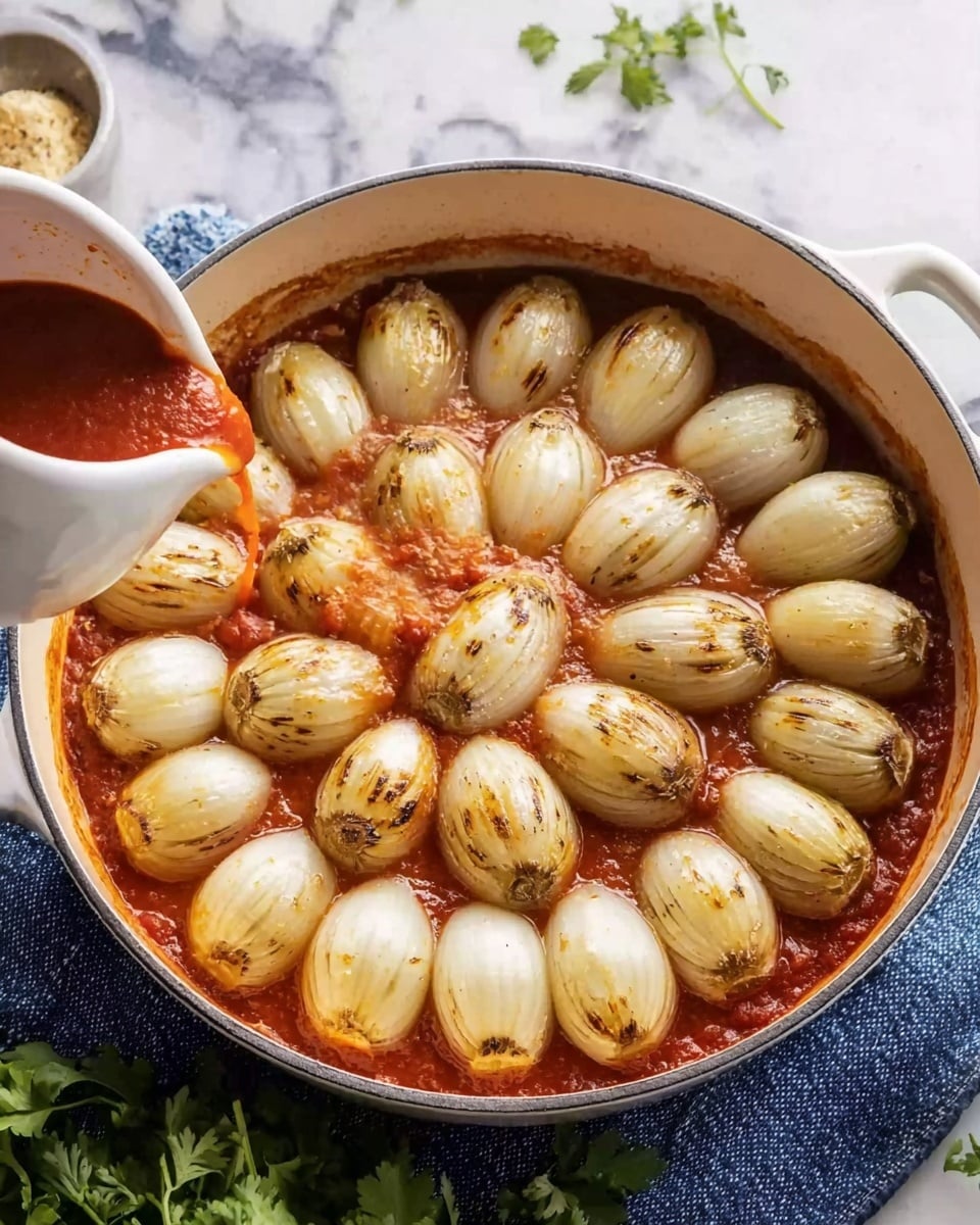 A white round pot filled with a red tomato sauce layer at the bottom, covering the whole base. On top, there are two layers of stuffed light beige onions arranged in a circular pattern, with their smooth, slightly browned surfaces facing up. The onions are tightly packed, with the smaller ones mostly in the center and larger ones around the edges, showing subtle grilled marks. On the left side, a white sauce pitcher is pouring some additional tomato sauce into the pot. The pot sits on a white marbled surface with a blue cloth underneath and green fresh herbs on the bottom right corner. Photo taken with an iphone --ar 4:5 --v 7