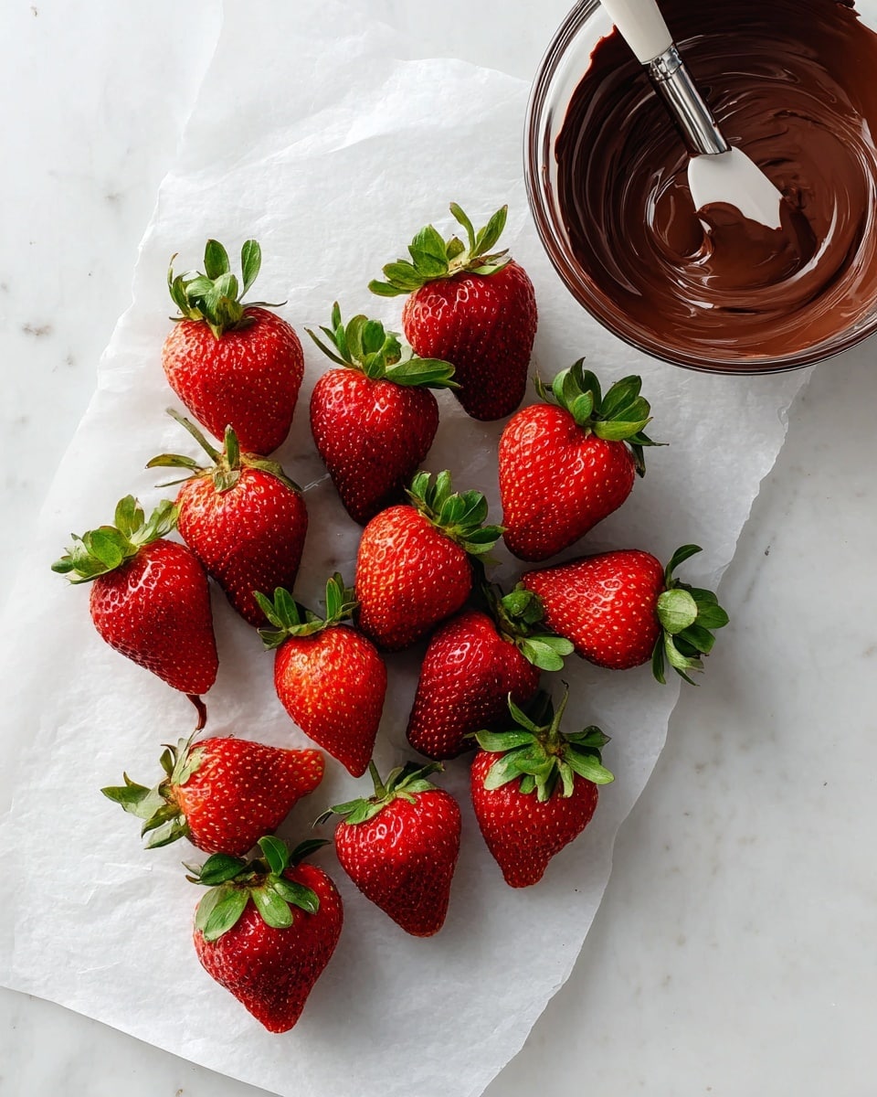 The image shows a group of fresh, bright red strawberries with green leafy tops spread out on a sheet of white paper on a white marbled surface. To the upper right, there is a clear glass bowl filled with smooth, dark chocolate, and a white spatula with a silver handle resting inside the bowl. The strawberries look shiny and ripe against the clean background. photo taken with an iphone --ar 4:5 --v 7