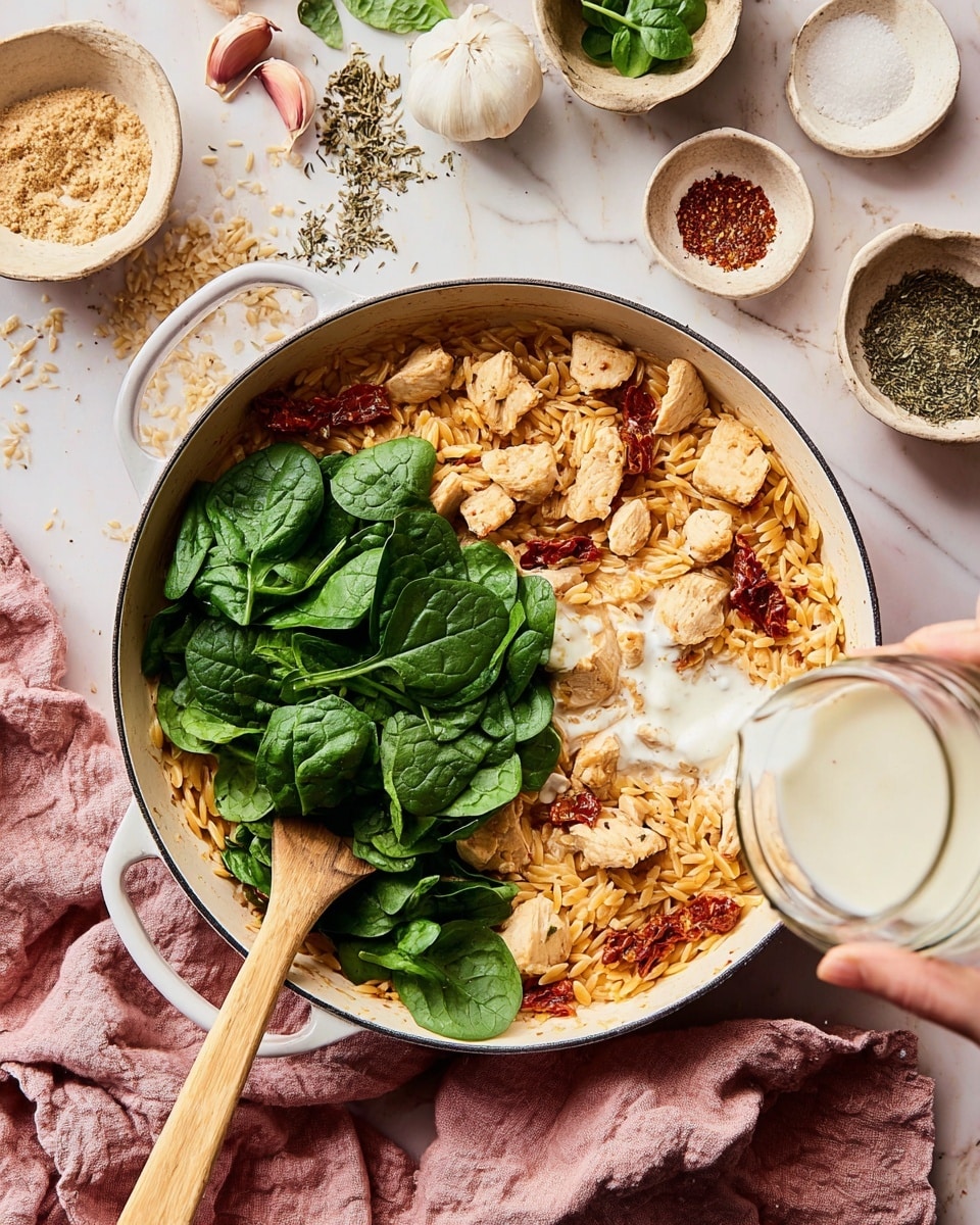 The image shows a white round pan filled with cooked orzo pasta, light brown cooked chicken pieces, and pieces of sun-dried tomatoes creating a warm orange-brown base layer. On top, there is a pile of fresh, bright green spinach leaves centered in the pan. A wooden spoon rests inside the pan on the left side, partially covered with chicken and orzo. From the right edge, a woman's hand is pouring a creamy white sauce over the food. Around the pan, there are small bowls with salt, pepper, dried herbs, and garlic cloves scattered on a white marbled surface. The pan sits on a soft pink cloth. Photo taken with an iphone --ar 4:5 --v 7