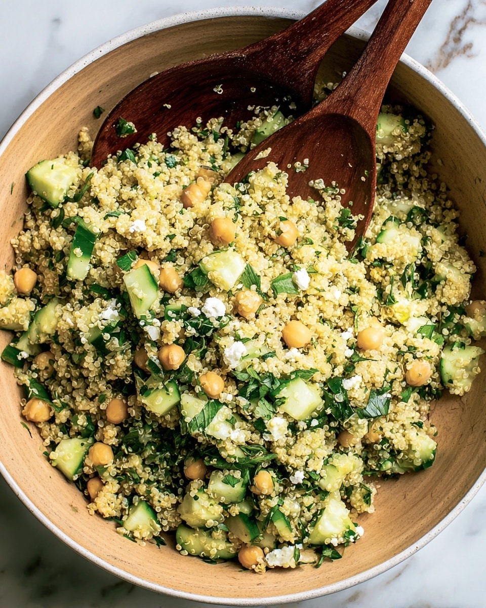 The image shows a large white bowl filled with a mixed quinoa salad. The salad has three main layers: a base of light yellow quinoa grains, a middle layer of small beige chickpeas spread evenly, and the top layer containing fresh chopped green cucumbers, finely chopped herbs, and bits of white cheese scattered throughout. Two wooden spoons with a smooth dark brown texture rest inside the bowl, partially covered by the salad. The bowl sits on a white marbled surface. photo taken with an iphone --ar 4:5 --v 7