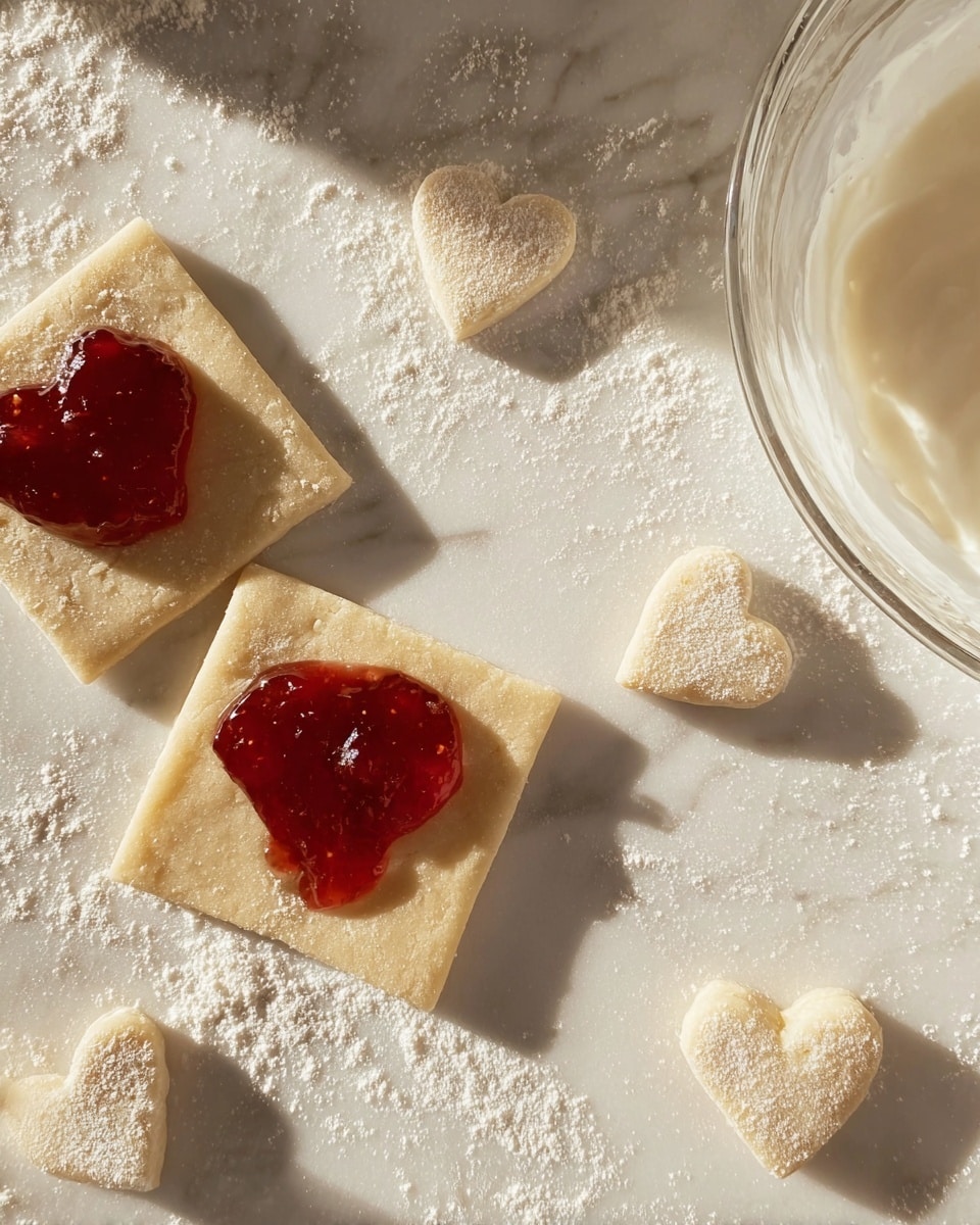 The image shows a white marbled surface dusted with white flour, with two square pieces of light yellow dough placed flat, each topped with a dollop of shiny red jam. Around the squares are small heart-shaped pieces of dough, also dusted with flour. In the top right corner, there is a clear glass bowl partially visible, filled with a white creamy substance. The scene is lit warmly, casting soft shadows. Photo taken with an iphone --ar 4:5 --v 7