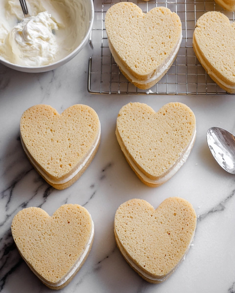 The image shows six heart-shaped sandwich cakes, each made of two light beige cake layers with a smooth, thin white cream layer in the middle. Four of the cakes are placed directly on a white marbled surface in the lower part of the image while two cakes are cooling on a metal wire rack at the top. To the left side, there's a white bowl with some leftover white cream inside and a spoon. The cakes have a slightly porous texture and soft appearance, with even edges, and the overall scene looks clean and bright. photo taken with an iphone --ar 4:5 --v 7