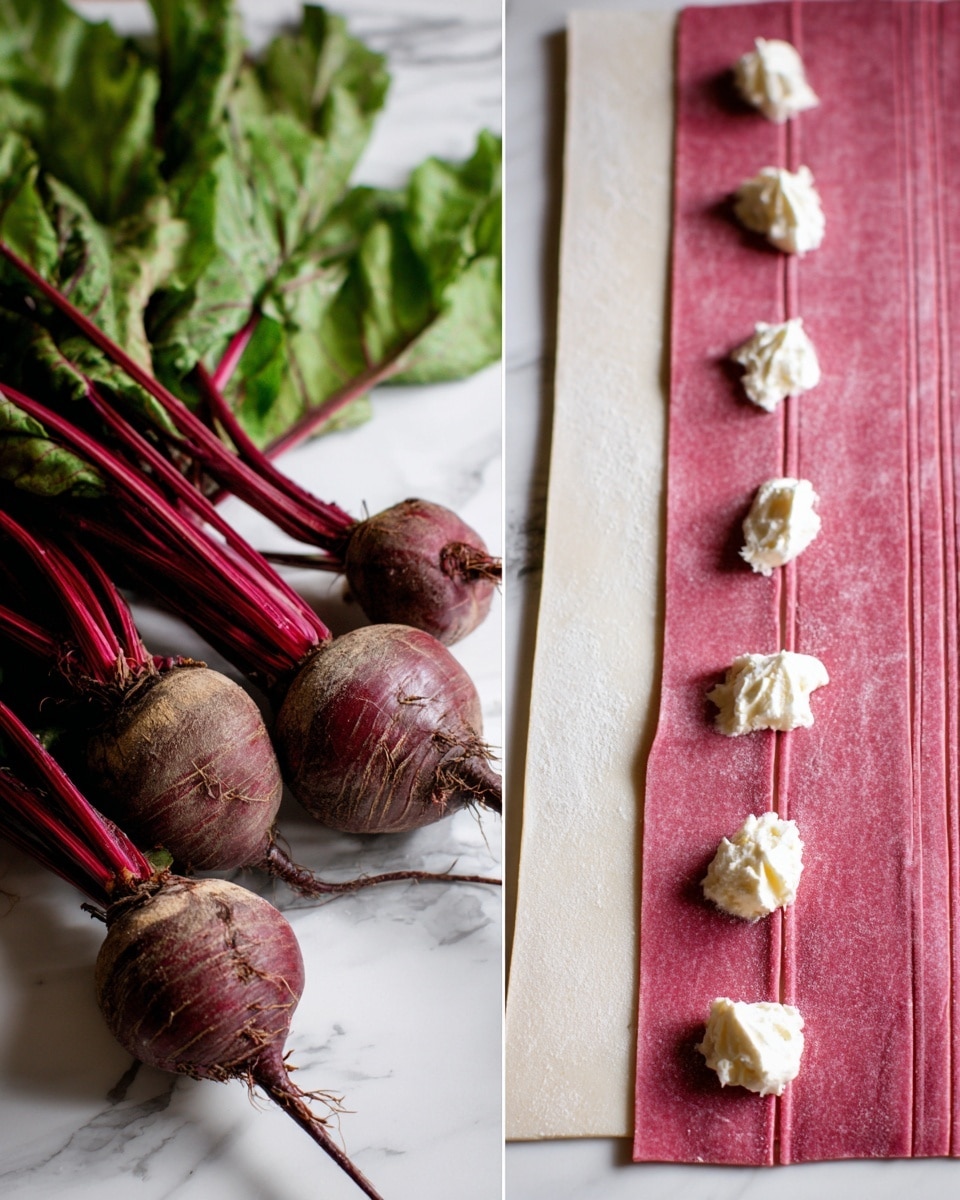 The image shows two parts: on the left, there are three fresh beets with deep red-purple skin and roots attached, bundled together with green leaves in the background, placed on a white marbled surface. On the right, two wide strips of pink pasta dough lie flat on a white marbled surface, with dollops of white cheese filling evenly spaced down the center of one strip, ready for folding or rolling. The colors contrast nicely with the white marbled surface, creating a fresh and clean look. photo taken with an iphone --ar 4:5 --v 7