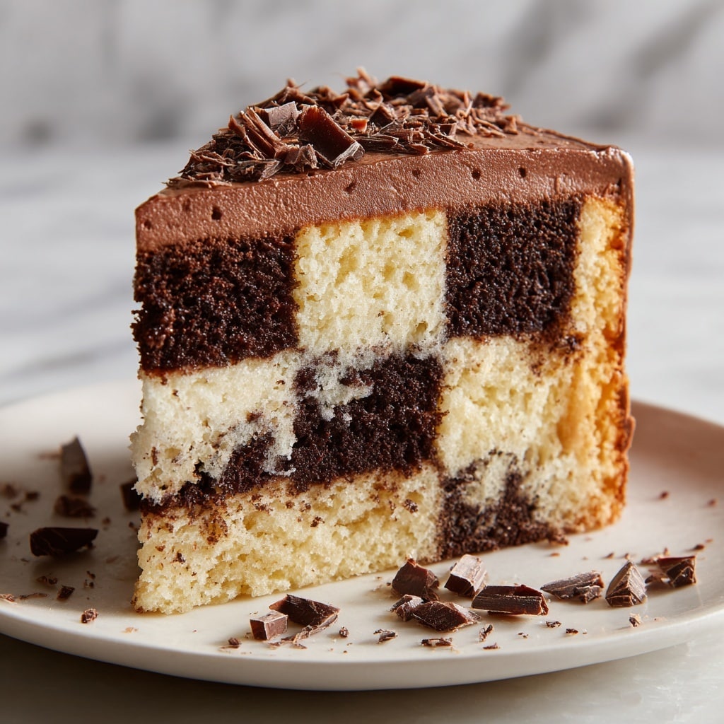 A slice of checkerboard cake with two visible layers is shown on a white plate with a white marbled texture background. The top and bottom layers are made of alternating light beige and dark brown squares creating a checkerboard pattern, and there is a smooth chocolate frosting layer in the middle and all around the sides. Around the cake slice are small pieces of chocolate shavings scattered on the plate. The texture of the cake layers looks soft and moist, while the chocolate frosting is smooth and slightly glossy. Photo taken with an iphone --ar 4:5 --v 7