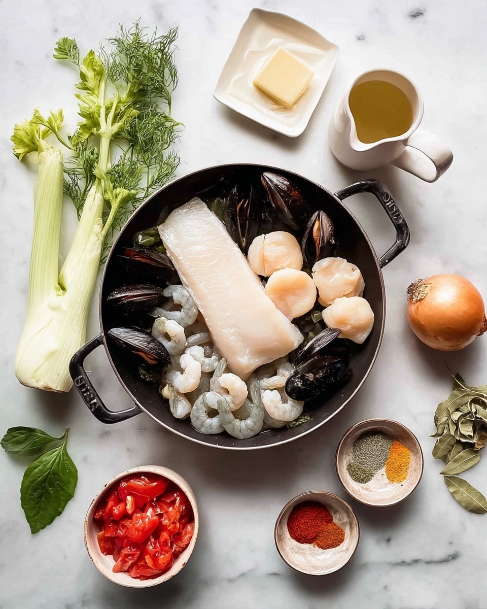 In a black pan with two handles, there are several raw seafood items layered together: a white fish fillet in the center with plump, pale scallops on top and several black mussels surrounding them; near the bottom left, there are a few raw shrimp with shells. Around the pan on a white marbled surface, there is a light green fennel bulb with stalks on the right, a whole yellow onion and a bulb of garlic below it, a small bowl of bright red diced tomatoes at the bottom left, and a white dish holding various spices including bay leaves and red powder on the bottom right. Above the pan, a small glass with a light golden liquid and a white cup with a pale yellow sauce sit next to fresh green parsley and a small square of butter. A sprig of green basil is near the bottom left edge. photo taken with an iphone --ar 4:5 --v 7