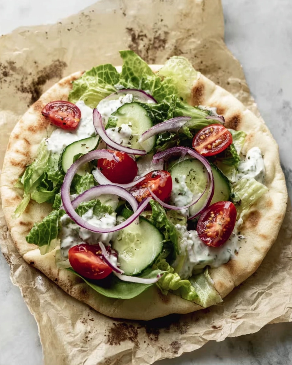 A round, light brown pita bread lies flat on crumpled parchment paper with a slightly toasted texture and dark spots. On top, there's a first layer of green leafy lettuce with a fresh, soft texture. Next, slices of dark green cucumber are placed over the lettuce, followed by thin, curved rings of purple-red onion scattered across. Bright red, halved cherry tomatoes with a juicy appearance are spread around the pita, adding vibrant color. Creamy white sauce lightly covers parts of the vegetables, adding a smooth texture. The whole dish is presented on a white marbled surface. photo taken with an iphone --ar 4:5 --v 7