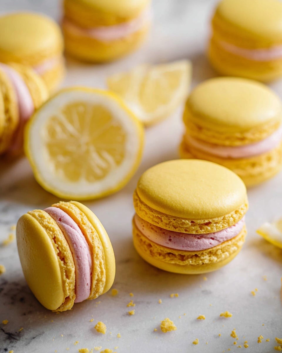 The image shows several yellow macarons scattered on a white marbled surface. Each macaron has two smooth, round, yellow shells with a slightly rough edge, and in between, there is a thick layer of pale pink creamy filling that is textured with fine ridges. Visible crumbs are scattered around the macarons, and there are slices of lemon placed among them, adding a fresh yellow color contrast. Some macarons are positioned upright showing their profile, while others lay flat showing the smooth top shell. photo taken with an iphone --ar 4:5 --v 7