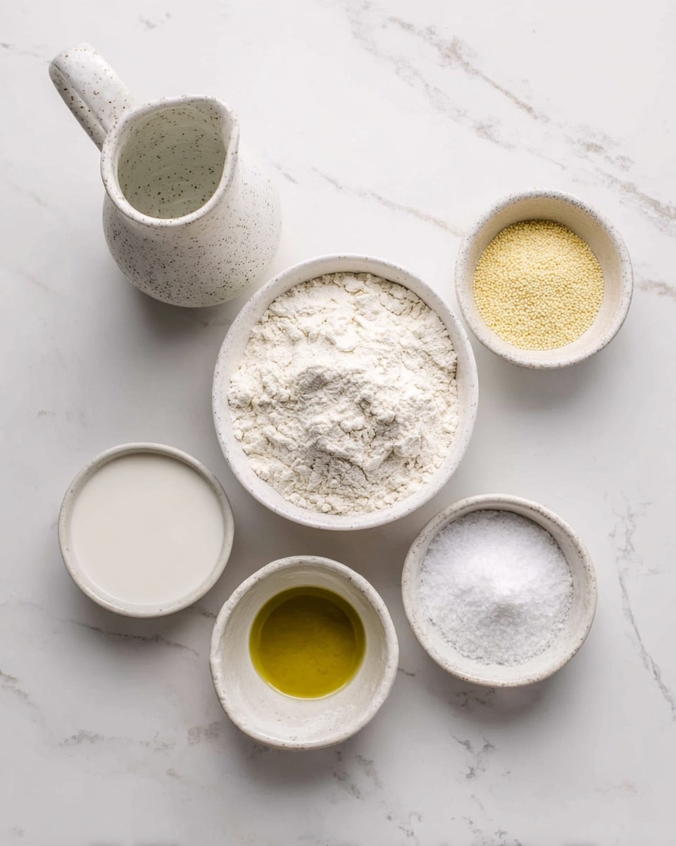 Six small white bowls are arranged on a white marbled surface, each with different ingredients. The largest bowl in the center is filled with a white, powdery flour with a rough texture. To the right of it is a bowl with fine yellow yeast granules. On the far right is a small bowl filled with coarse white salt. Below the flour bowl is a small bowl holding a golden-yellow liquid, likely olive oil. To the left of the flour is a white pitcher with a speckled design, containing a liquid that looks clear or pale, possibly water. Finally, on the far left sits another small bowl filled with a smooth white liquid, perhaps milk. photo taken with an iphone --ar 4:5 --v 7