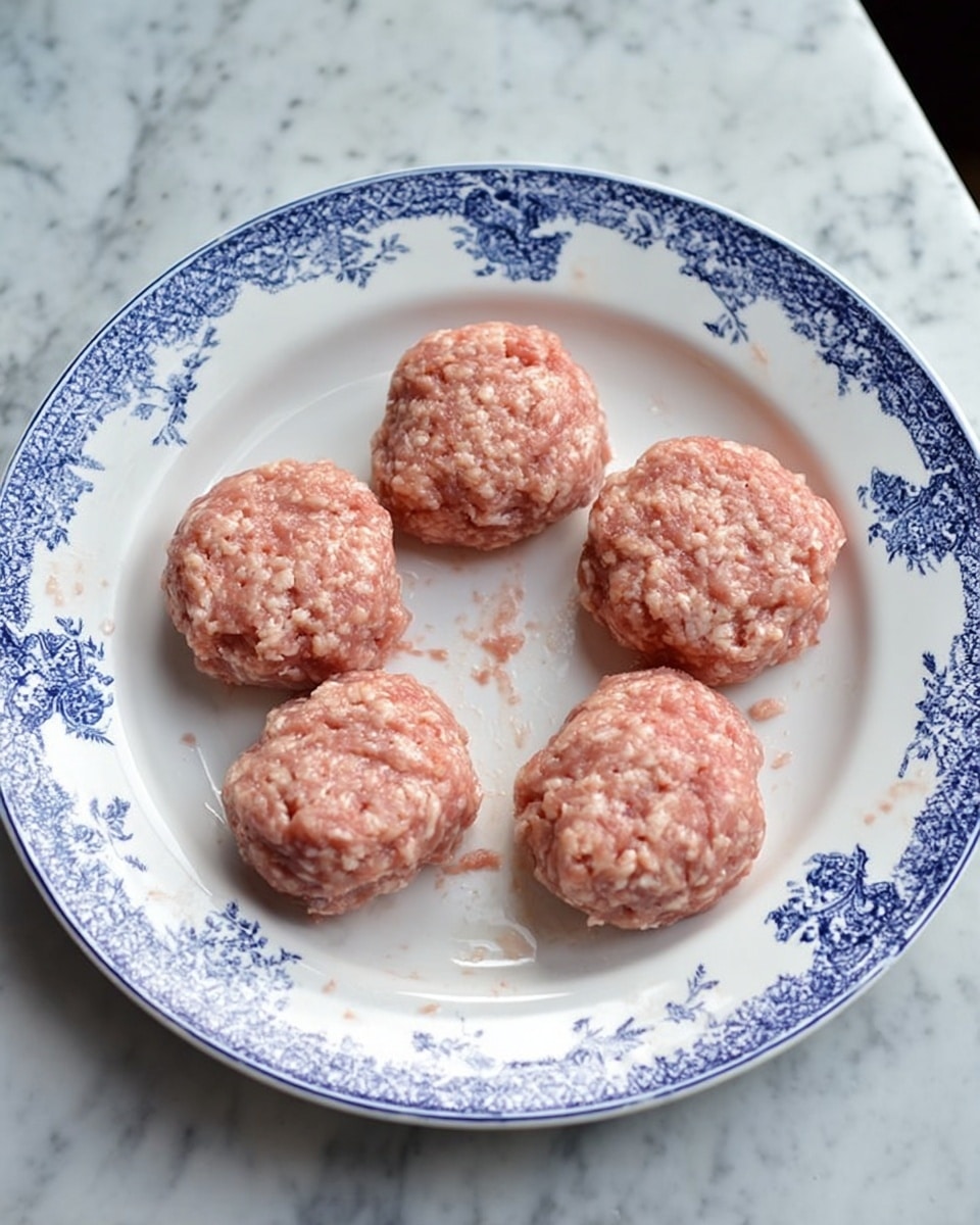 Five round mounds of raw minced meat are placed evenly in a ring on a white plate with a blue floral pattern around the edge. The minced meat is pale pink with small white fat pieces mixed in, and the plate surface shows some smears of the meat mixture. The plate is set on a white marbled surface. photo taken with an iphone --ar 4:5 --v 7