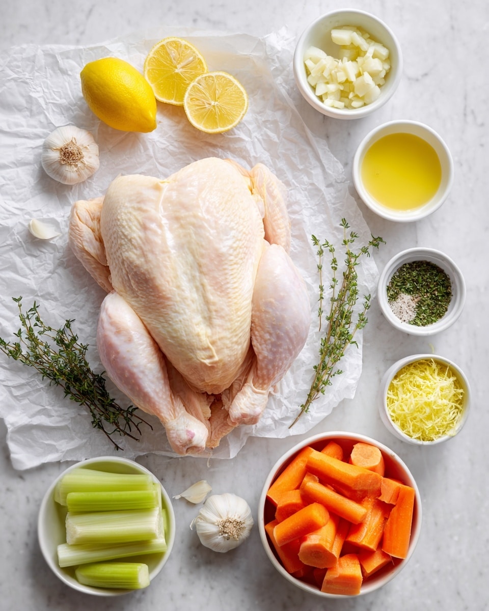A whole raw chicken with pale pink and light yellow skin lies in the middle on crinkled white paper, surrounded by fresh lemon halves showing bright yellow inside and two whole lemons with shiny yellow skin on a white marbled surface; near the chicken are fresh green thyme sprigs, a halved garlic bulb with white cloves, and a small white bowl of chopped garlic. On the right, there are three more white bowls: one with melted yellow butter, one with coarse salt and ground pepper, and one with chopped green herbs. Below is a white bowl holding thick orange carrot chunks and pale green celery sticks. Another small white bowl on the right has pale yellow lemon zest. The whole layout is bright and clean with ingredients separated neatly. photo taken with an iphone --ar 4:5 --v 7