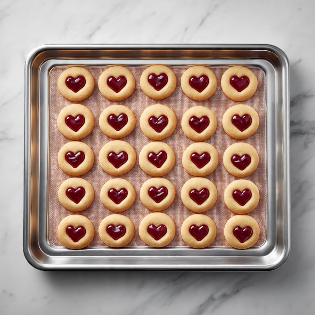 The image shows a metal baking tray with a silicone mat on top, placed on a white marbled surface. On the mat, there are 24 round cookies arranged in a 4 by 6 grid. Each cookie has a light golden-brown color and a centered red jam heart shape pressed into the middle, creating a slight indentation filled with a shiny, smooth texture. The cookies are evenly spaced, and the overall look is neat and uniform. Photo taken with an iphone --ar 4:5 --v 7