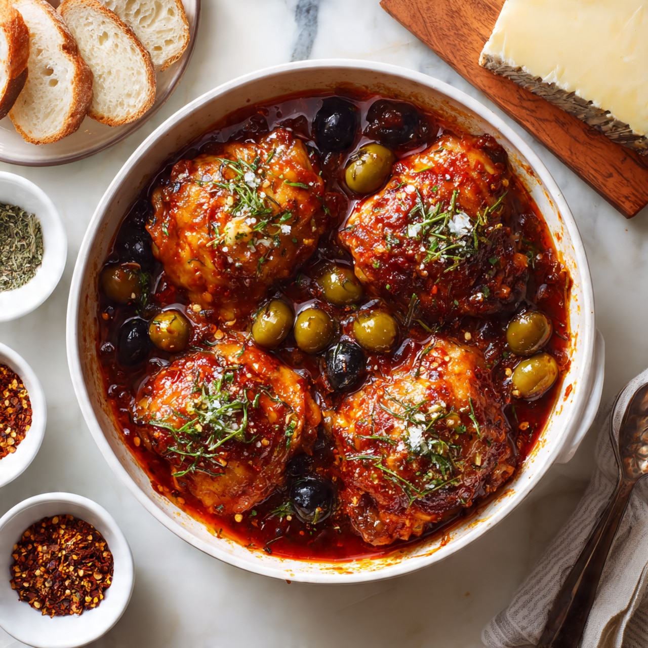 The image shows an overhead view of raw chicken thighs placed on crumpled brown parchment paper on a white tray at the bottom right. Above and to the left is a white scalloped bowl filled with bright red whole peeled tomatoes in sauce. Two small glass bowls with green and dark purple olives are placed above the tomatoes. A clear glass bottle with light yellow olive oil is near the olives on a white marbled surface. Fresh shallots and a whole garlic bulb lie near the chicken, while small bowls with dried red chili flakes, anchovies, dried herbs, and capers are scattered around, each adding different textures and earthy tones to the setup. photo taken with an iphone --ar 4:5 --v 7