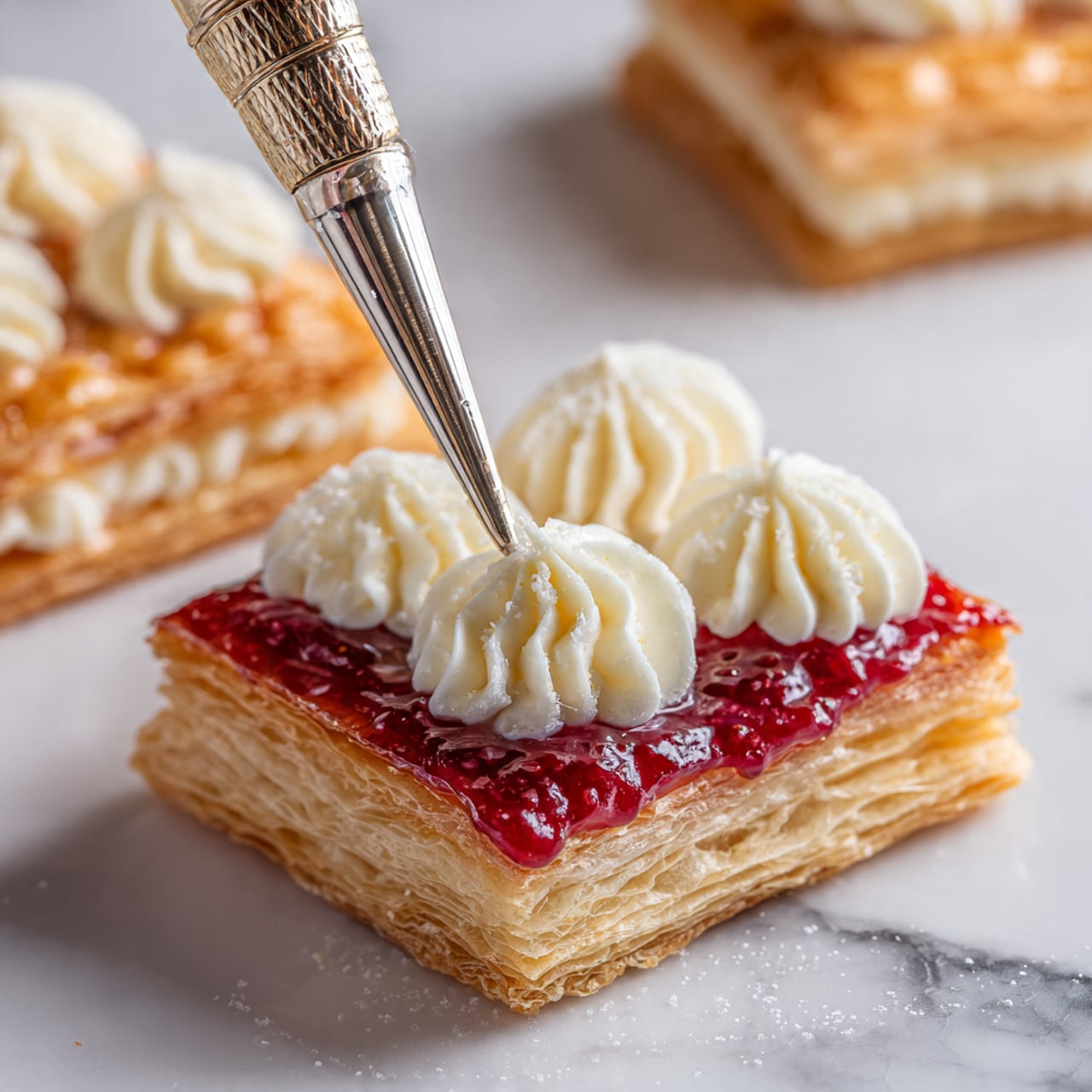 The image shows a close-up of a square pastry with many golden, flaky layers at the bottom and edges. The pastry has red jam spread on the inside center layer, giving a shiny, textured look. On the right side, creamy white frosting is being piped in a swirled pattern from a metal piping tip, adding soft, smooth texture and volume to that side. The background is a white marbled surface with another stacked square pastry blurred in the background. Photo taken with an iphone --ar 4:5 --v 7