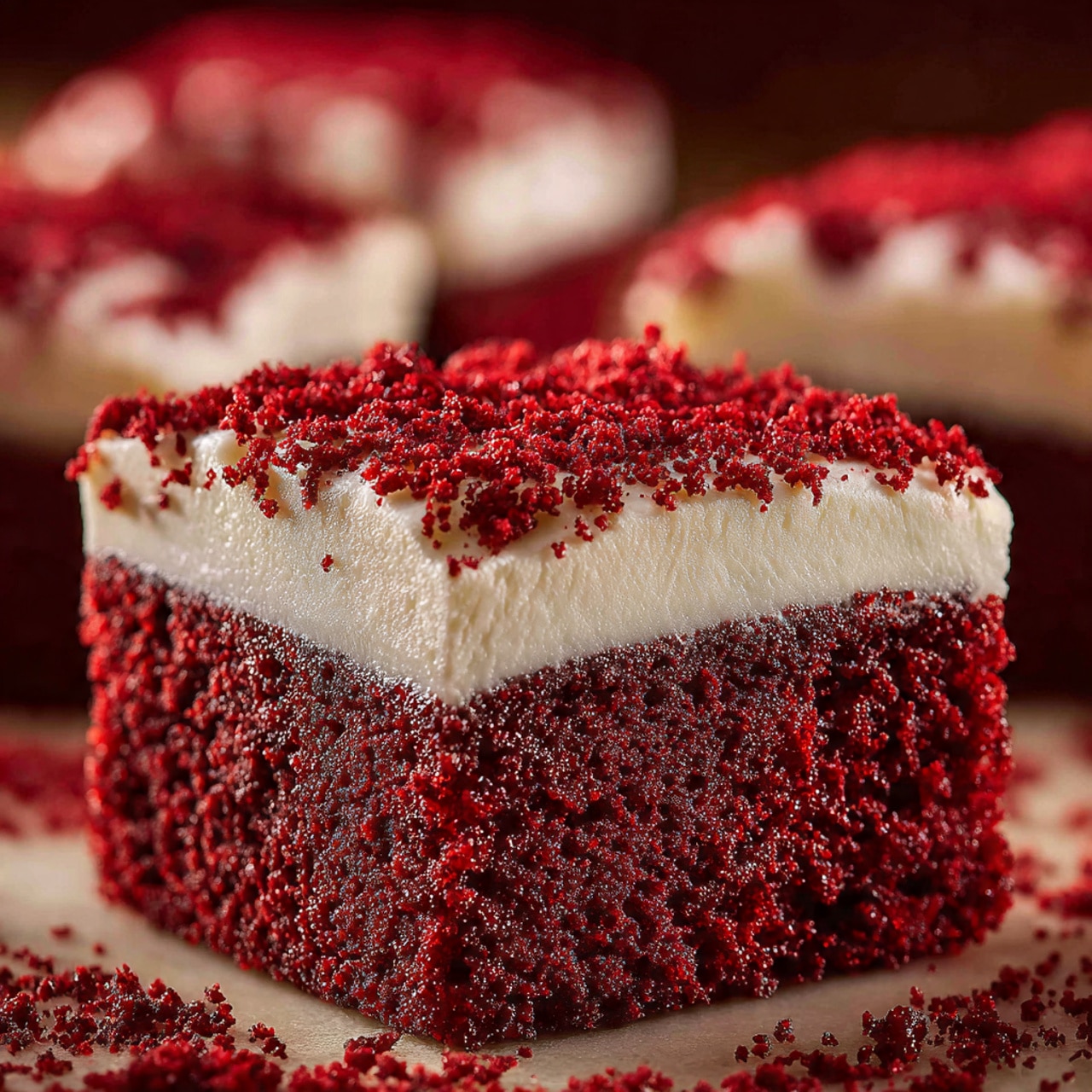 A close-up shot of a square piece of red velvet cake with two visible layers. The bottom layer is thick, dark red, and has a soft, crumbly texture. On top, there is a thick layer of smooth, creamy white frosting. The top of the frosting is sprinkled with small crumbs of the red cake, adding texture and color contrast. In the blurred background, several similar pieces are visible on a white marbled surface with red crumbs scattered around. photo taken with an iphone --ar 4:5 --v 7