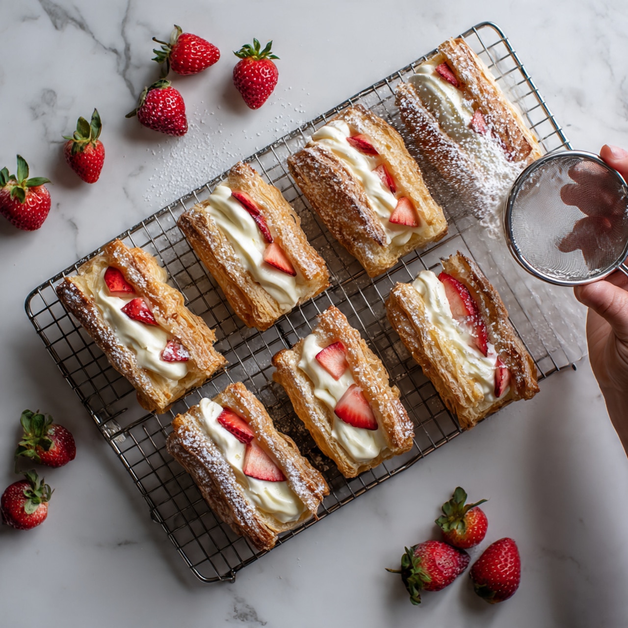 The image shows six rectangular puff pastries on a metal cooling rack placed on a white marbled surface. Each pastry has two layers of golden brown, flaky puff pastry with a middle layer of white cream and slices of red strawberries peeking out from the sides. Some pastries have powdered sugar being sprinkled on top by a woman's hand holding a sifter. Fresh whole strawberries are scattered around the cooling rack, adding bright red color to the scene. The lighting is bright and natural, highlighting the texture of the puff pastry and the freshness of the strawberries. Photo taken with an iphone --ar 4:5 --v 7