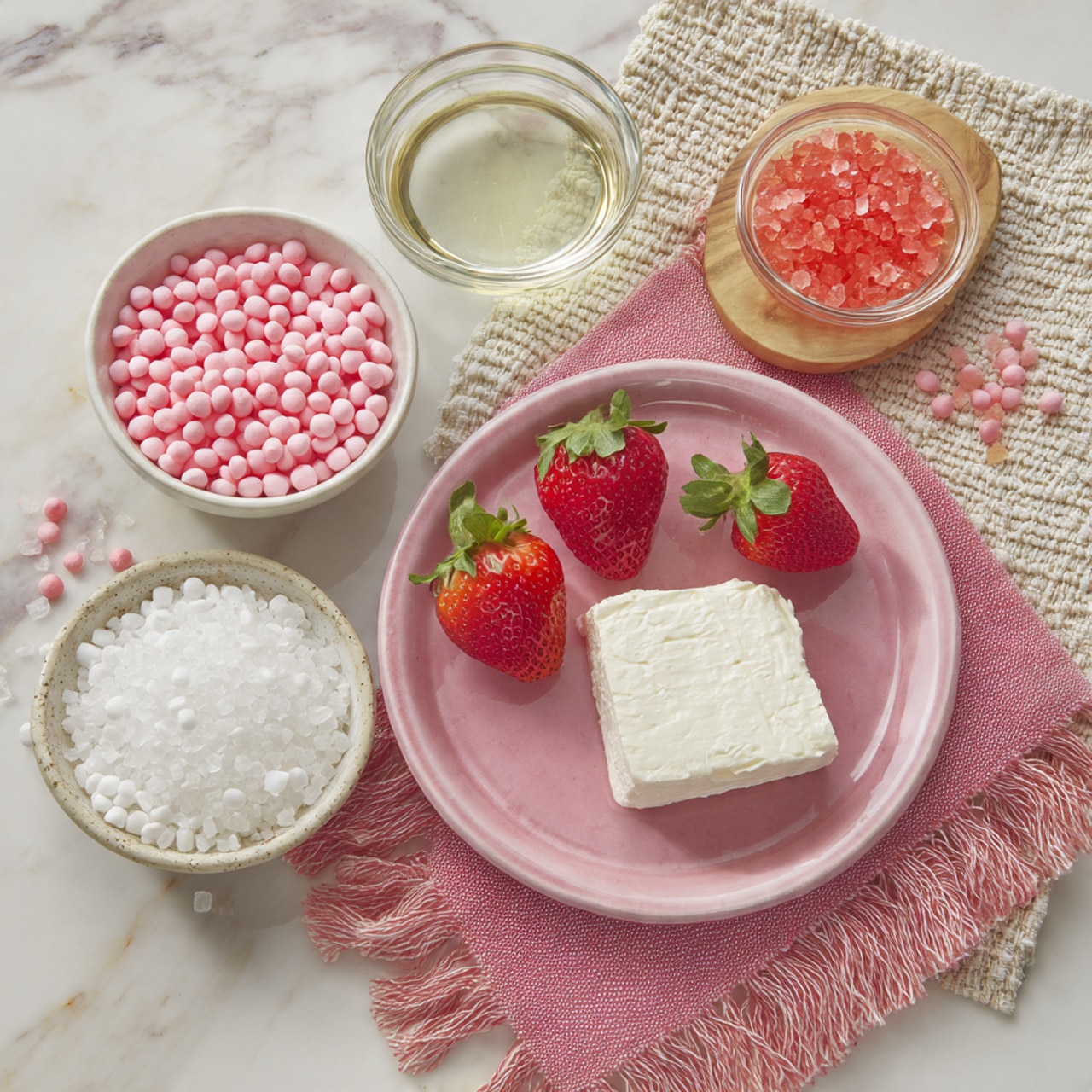 The image shows a flat lay of baking ingredients on a white marbled surface. On the right side, there is a pink plate with a soft white block of cream cheese and two whole ripe strawberries with green leaves. The pink plate sits on a folded pink cloth with fringe edges. Above it, a small wooden board holds two glass bowls, one with clear liquid and the other with white powder. On the left side, there is a white bowl filled with pink candy wafers, next to it a white bowl with white candy wafers resting on a soft beige knitted cloth. Near these bowls, two whole strawberries are placed alongside a small clear glass bowl filled with bright pink sugar crystals. photo taken with an iphone --ar 4:5 --v 7