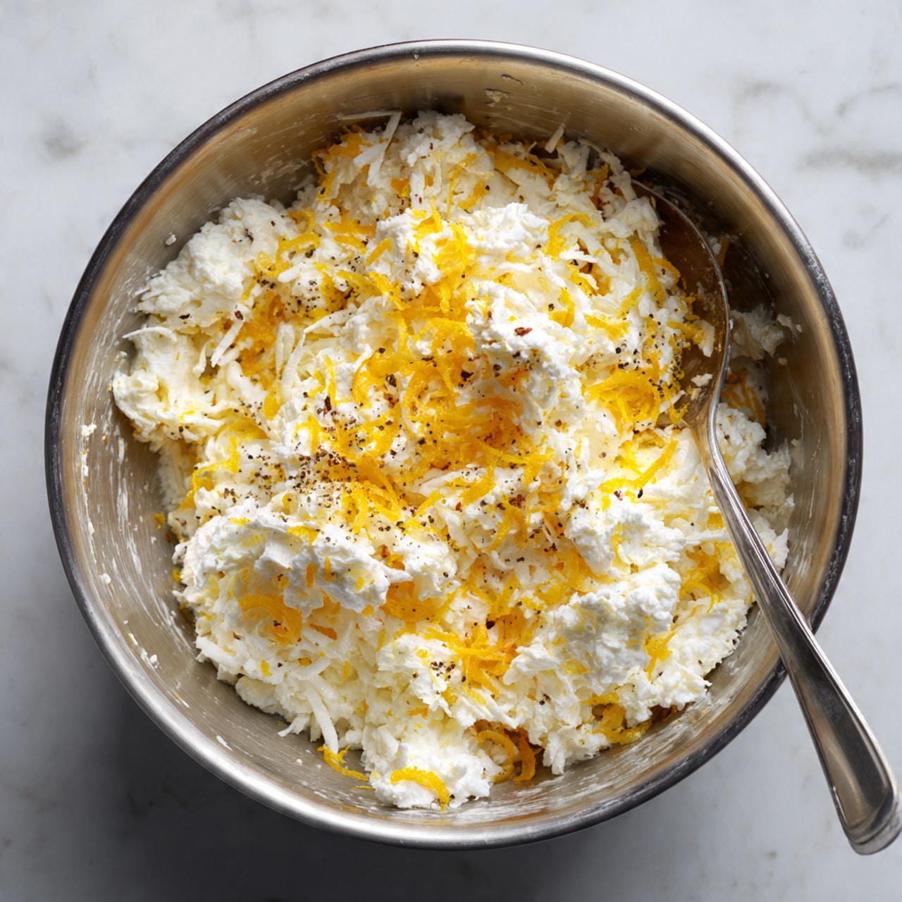 Inside a large shiny silver mixing bowl, there are four main layers of ingredients. The top left part is covered with a mound of finely shredded pale yellow cheese with a soft, feathery texture. Below the cheese, toward the bottom left, is a small pile of bright orange zest adding a bold pop of color. On the bottom right, there is a white, slightly crumbly layer of ricotta cheese, with some coarse black pepper sprinkled over it, creating a speckled appearance. A metal spoon with a dark handle is placed inside the bowl, leaning against the right side, ready for mixing. The bowl sits on a white marbled surface. Photo taken with an iphone --ar 4:5 --v 7
