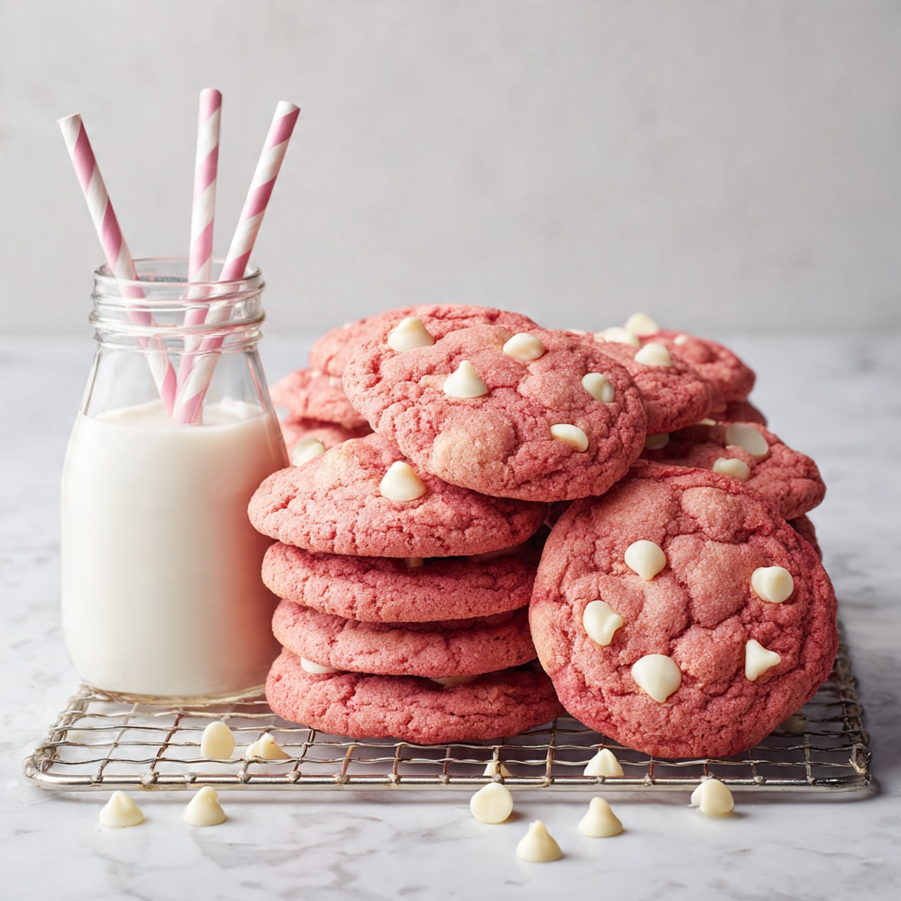 A stack of pink cookies with a cracked texture sits closely together on a silver wire cooling rack. Each cookie has several round white spots embedded on top, adding smooth and creamy contrast to the rough pink surface. The rack is placed on a pale pink and white striped cloth, and everything rests on a white marbled surface. The cookies look soft and thick, with the white spots spread evenly across each cookie's top, making them visually appealing photo taken with an iphone --ar 4:5 --v 7