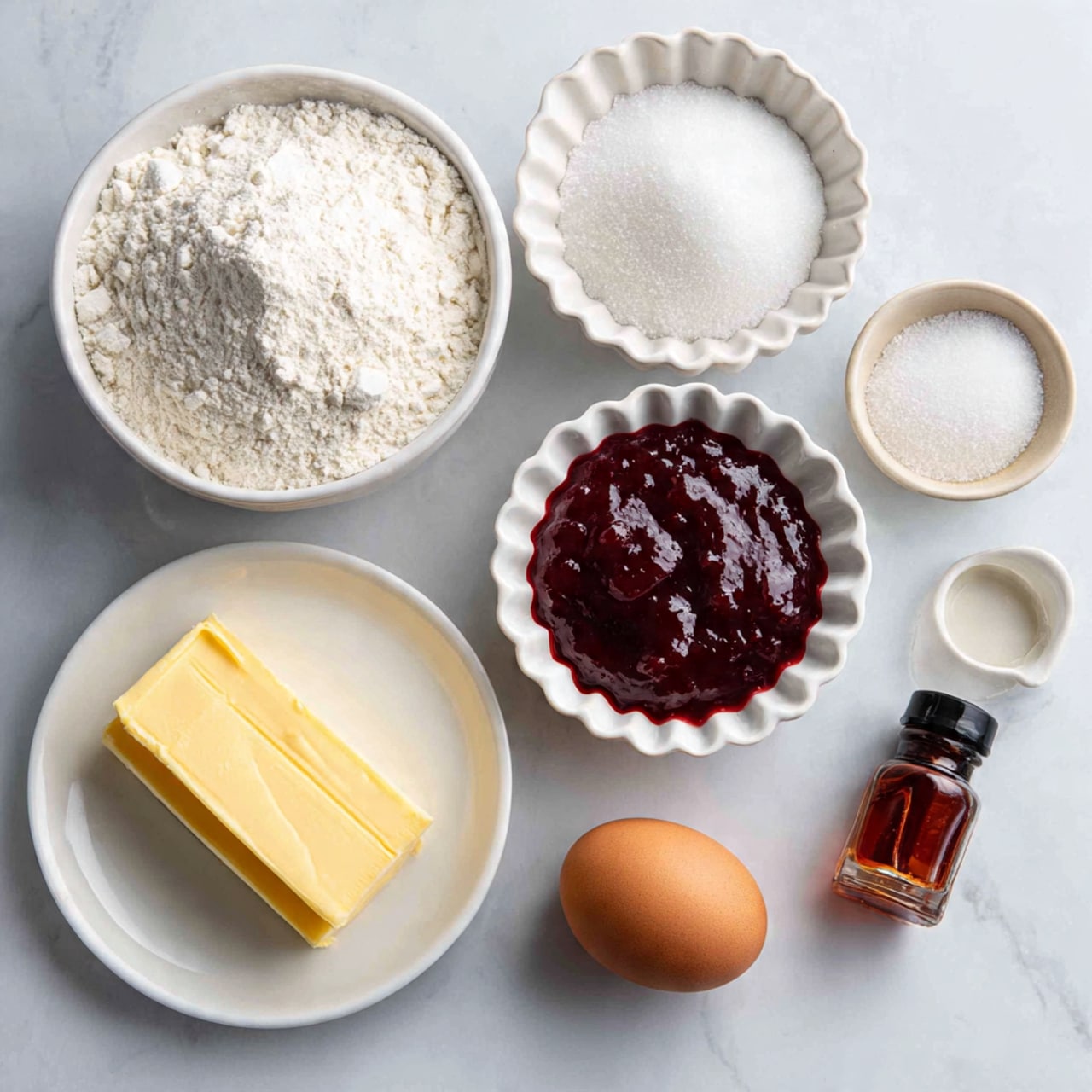 The image shows six ingredients laid out on a white marbled surface. At the top left, a white bowl holds white flour with a soft powdery texture. To its right, a small white scalloped bowl contains thick dark red jam with a shiny surface. Next to it, another white bowl holds fine white sugar with a granular texture. At the bottom left, a white plate carries a pale yellow stick of butter with a smooth texture and a single brown egg with a matte shell placed beside it. To the right of the plate, a tiny white bowl has a small amount of amber liquid, and beside it lies a small amber glass bottle labeled as almond extract with a black cap. photo taken with an iphone --ar 4:5 --v 7