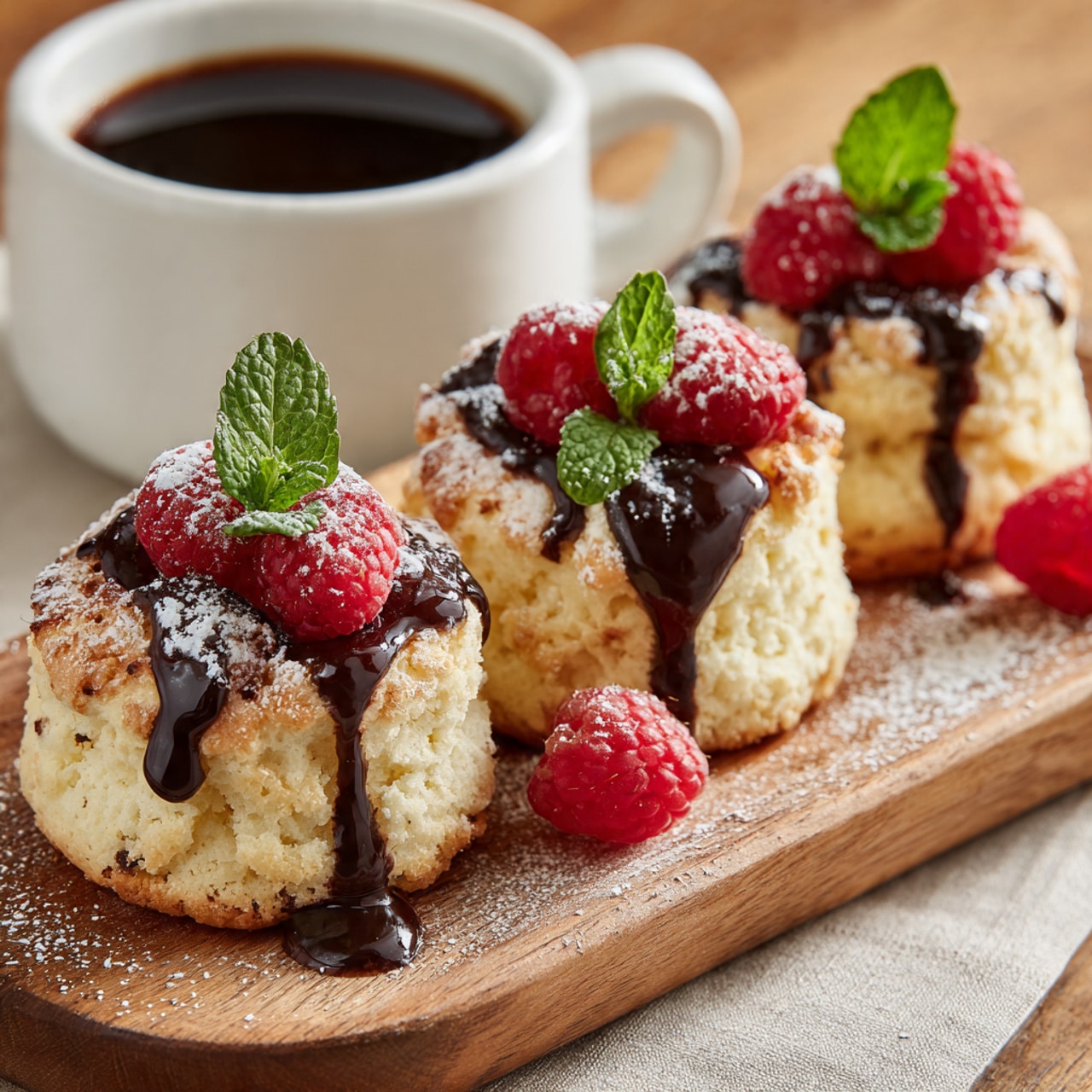 Three small, light yellow fluffy cakes stand upright on a wooden board with a slightly rough texture. Each cake has a golden brown top layer with a dollop of thick, dark chocolate sauce placed in the center. On top of the chocolate layer, there are fresh red raspberries and small, bright green mint leaves. Powdered sugar is lightly sprinkled over the cakes and the wooden board. A few loose raspberries sit beside the cakes. The background shows a white cup with dark liquid and a light brown spoon resting inside it on a white marbled surface. Photo taken with an iphone --ar 4:5 --v 7