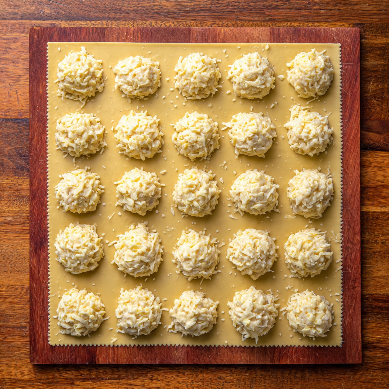 The image shows a large, flat, golden-yellow ravioli sheet laid out on a wooden table with a white marbled texture in the background. On the sheet, there are small round mounds of white filling with small dark specks and fine orange bits spread evenly in a grid pattern with three rows and four columns. Each filling mound has a soft, slightly textured surface with a small peak at the top, placed inside rectangular sections marked on the pasta sheet. The rustic wooden table contrasts with the smooth pasta sheet and creamy filling. photo taken with an iphone --ar 4:5 --v 7