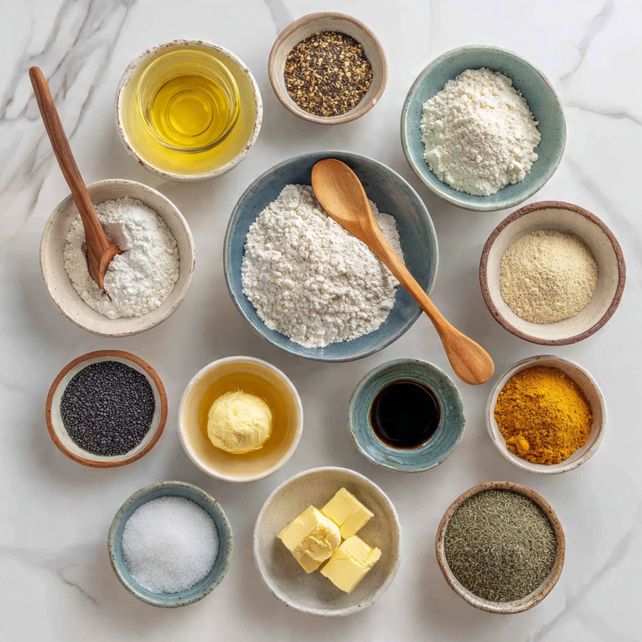 The image shows a top view of a baking setup on a white marbled surface, featuring nine light gray ceramic bowls of different sizes arranged around a larger center bowl filled with a mound of white flour and a wooden spoon resting inside. Surrounding this are bowls containing white powder, light yellow melted butter, dark brown granules, white liquid, pale cream-colored liquid, and a small plate with a pale yellow butter cube. Scattered coffee beans and a small pile of white powder add texture around the bowls. The overall color palette is neutral with whites, creams, and browns, creating a calm and clean baking scene. Photo taken with an iphone --ar 4:5 --v 7