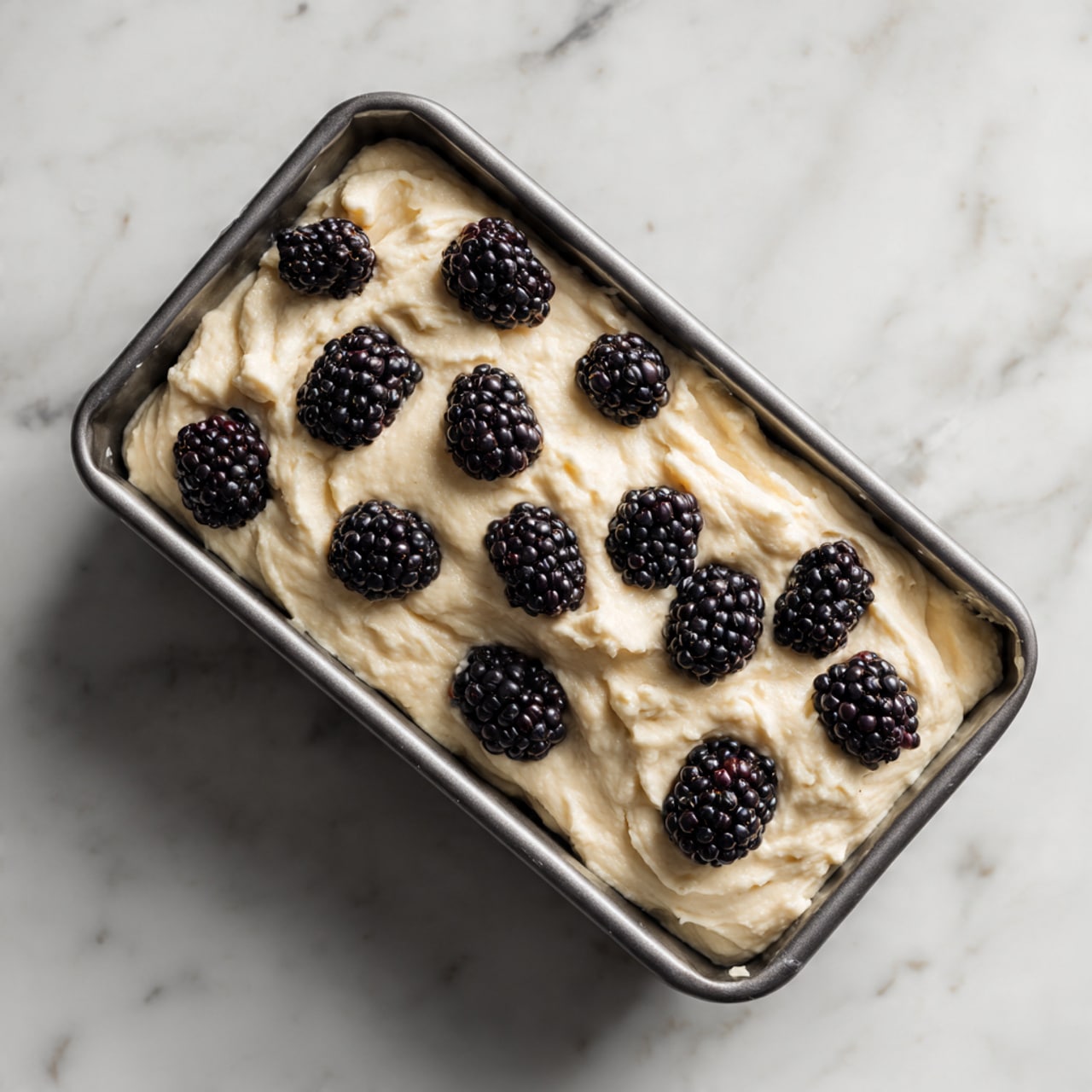 A rectangular metal baking pan filled with a thick, pale beige batter that looks creamy and slightly lumpy. Scattered on top of the batter are whole blackberries, deep purple-black in color, spaced out evenly on the surface. The pan is placed on a white marbled surface, and the overall scene is bright and clean. photo taken with an iphone --ar 4:5 --v 7