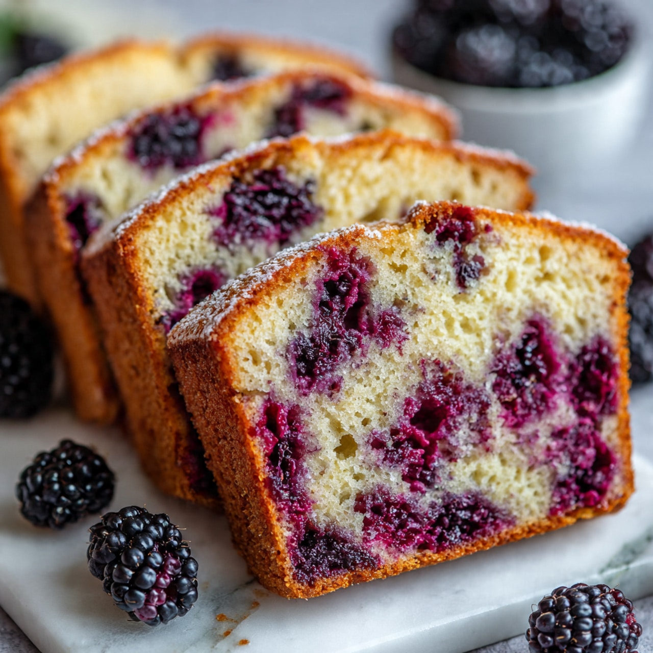 The image shows three slices of a cake with blackberries inside, placed on a white marbled surface. The cake has a golden-brown crust on the outside, and the inside is light beige with dark purple and deep red blackberry pieces spread evenly throughout. The top slice shows a soft, porous texture with the berries sunken a bit inside the cake. Around the slices, there are whole blackberries resting on the surface, adding extra color contrast. The overall look is fresh and inviting, with a nice mix of soft textures and bright fruit color. photo taken with an iphone --ar 4:5 --v 7