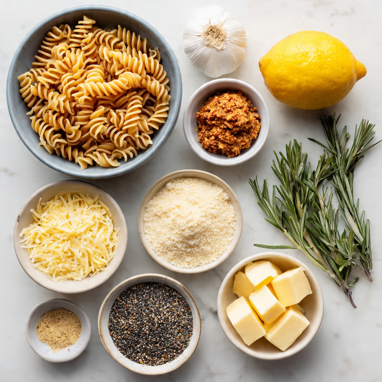 The image shows an overhead view of several ingredients arranged neatly on a white marbled surface. At the top left is a bowl of tan spiral pasta with a slightly rough texture inside a gray bowl. To the right is a whole yellow lemon with a small dark spot. Below the lemon is a small white bowl holding a reddish-brown paste. Next to it, at bottom right, is a small white bowl overflowing with shredded pale yellow cheese. In the bottom center is a small white bowl filled with a black and white coarse spice mix. To the left is a small white bowl with a smooth, light beige creamy sauce. Scattered near the center are two cloves of raw garlic and two fresh sprigs of rosemary with dark green leaves. Near the bottom right corner are four small cubes of pale yellow butter. The photo taken with an iphone --ar 4:5 --v 7