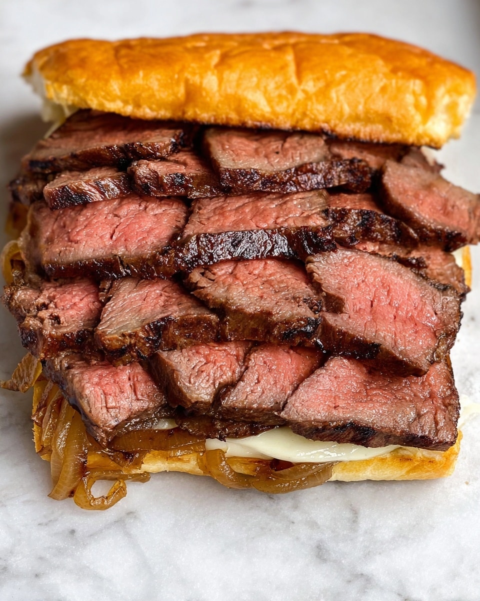 A close-up of a woman's hand holding a slice of medium-rare steak with a pink center and browned edges, dipped halfway in a chunky orange sauce with green herbs. The sauce drips slightly down the steak's edge. In the background, more steak slices are arranged on a wooden chopping board, and a white square bowl filled with the same orange sauce sits in the foreground with some sauce spilling over the side. The setting is a white marbled surface. photo taken with an iphone --ar 4:5 --v 7