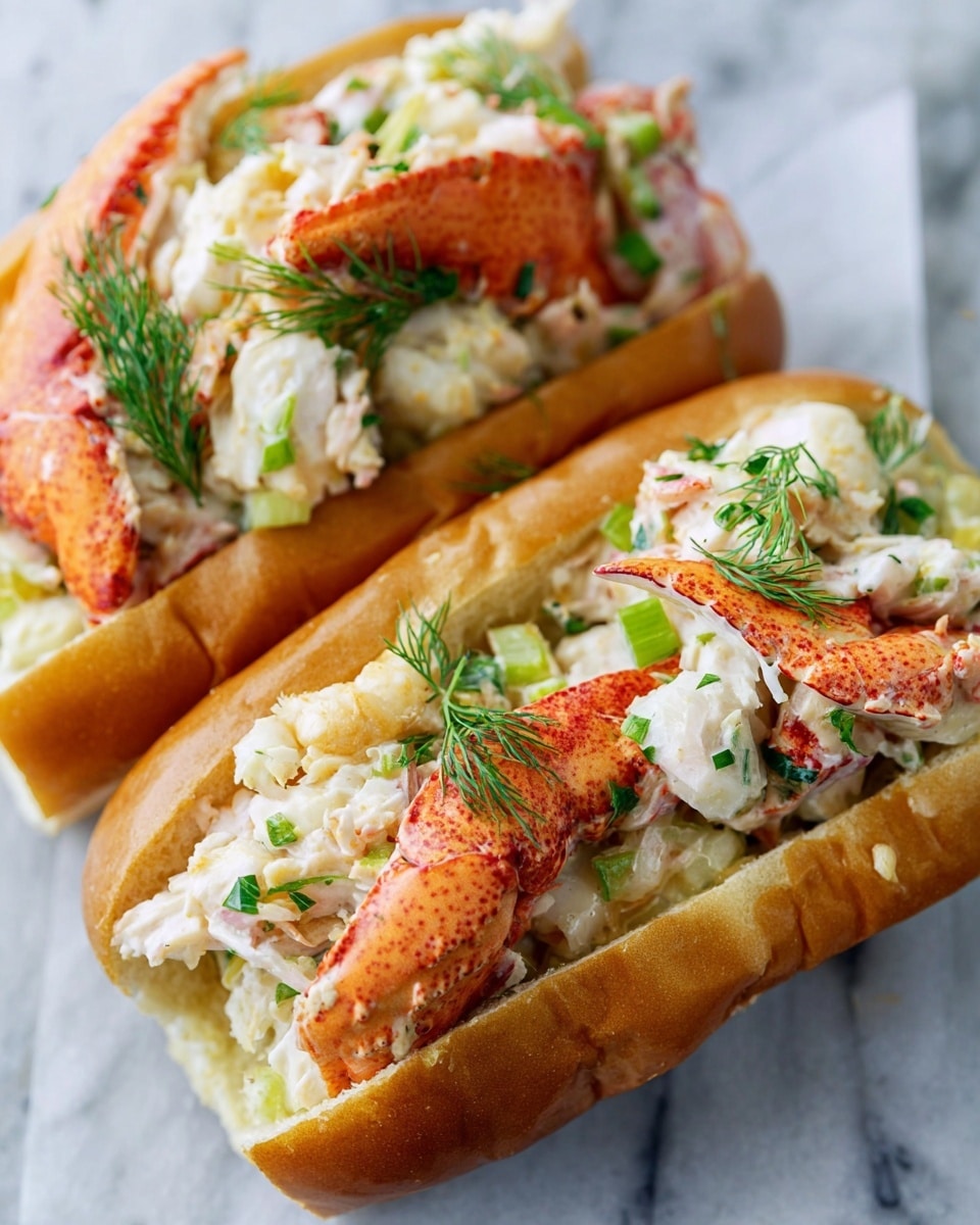 Two lobster rolls placed side by side on a white marbled surface, each inside a golden toasted soft bun. The rolls are filled with chunky white lobster meat mixed with small pieces of green celery and sprinkled with finely chopped green chives. Bright orange lobster claw pieces sit on top, adding color contrast. Fresh dill sprigs peek out from the filling, adding a touch of green. The buns have a slightly shiny, buttery texture. The overall look is fresh, heavy with crab meat, and inviting. Photo taken with an iphone --ar 4:5 --v 7